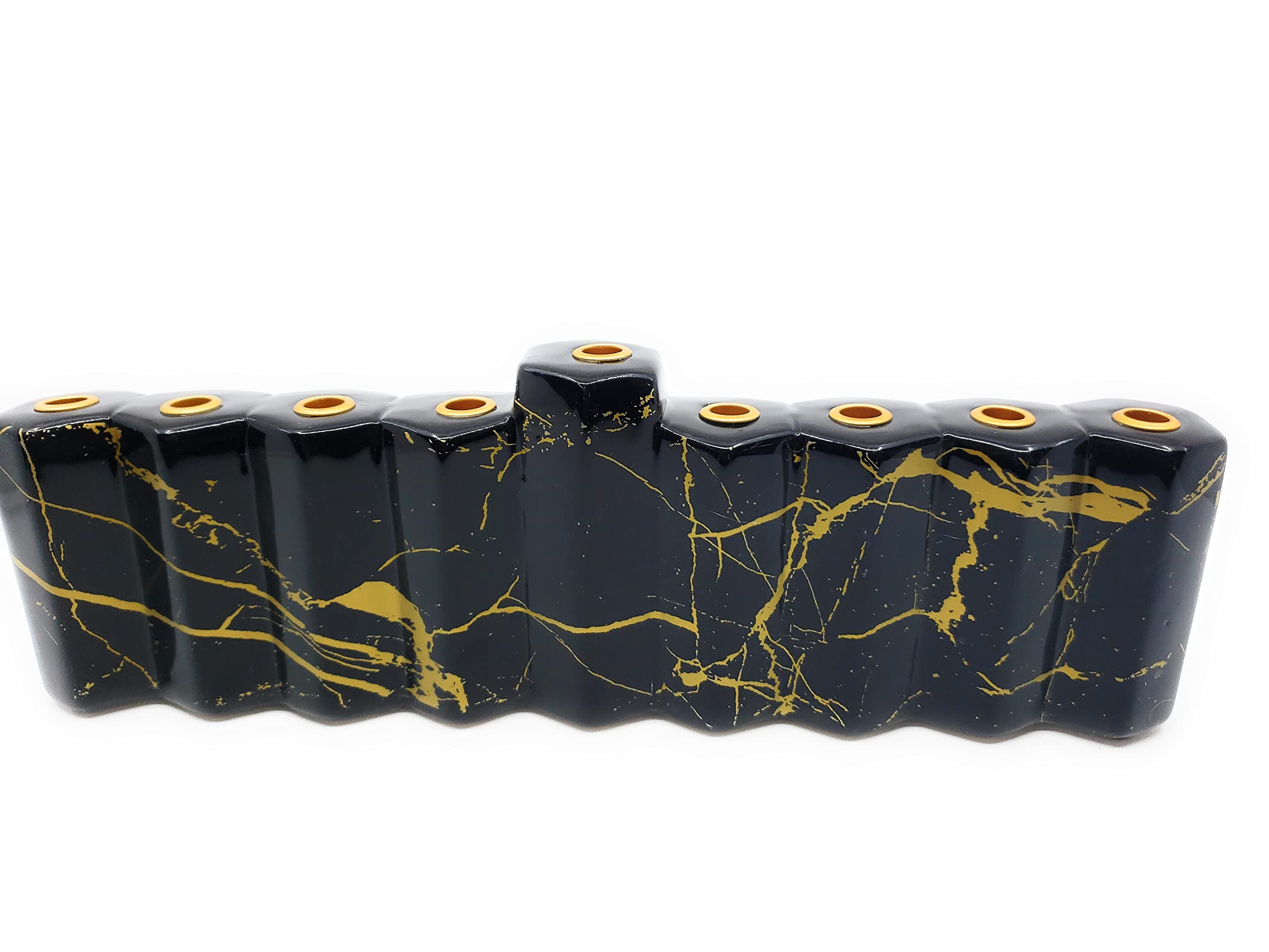 Hand Painted Ceramic Chanukah Menorah Hanukkiah - Black Faux Marble Look with 1 Box of Chanukah Candles | Jewish Holiday Decor for Hanukkah Celebrations & Home Decoration