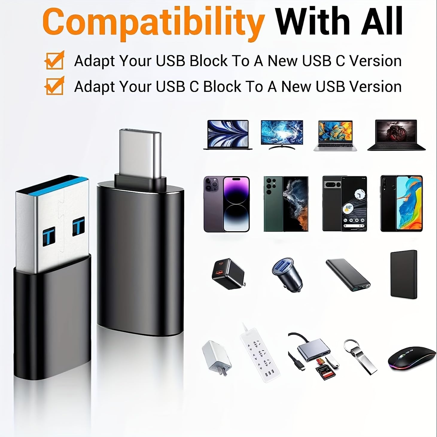 SheraF 4-Pack USB to USB C OTG Adapter Kit - 2x Type C Female to USB A Male Converter + 2x USB C Male to USB 3.0 Female Adapter - Compatible with iPhone 15 14 13 Pro Max, iWatch 8/9, Thunderbolt 4 - Fast Charging & Data Transfer for Phones, Tablets, Laptops