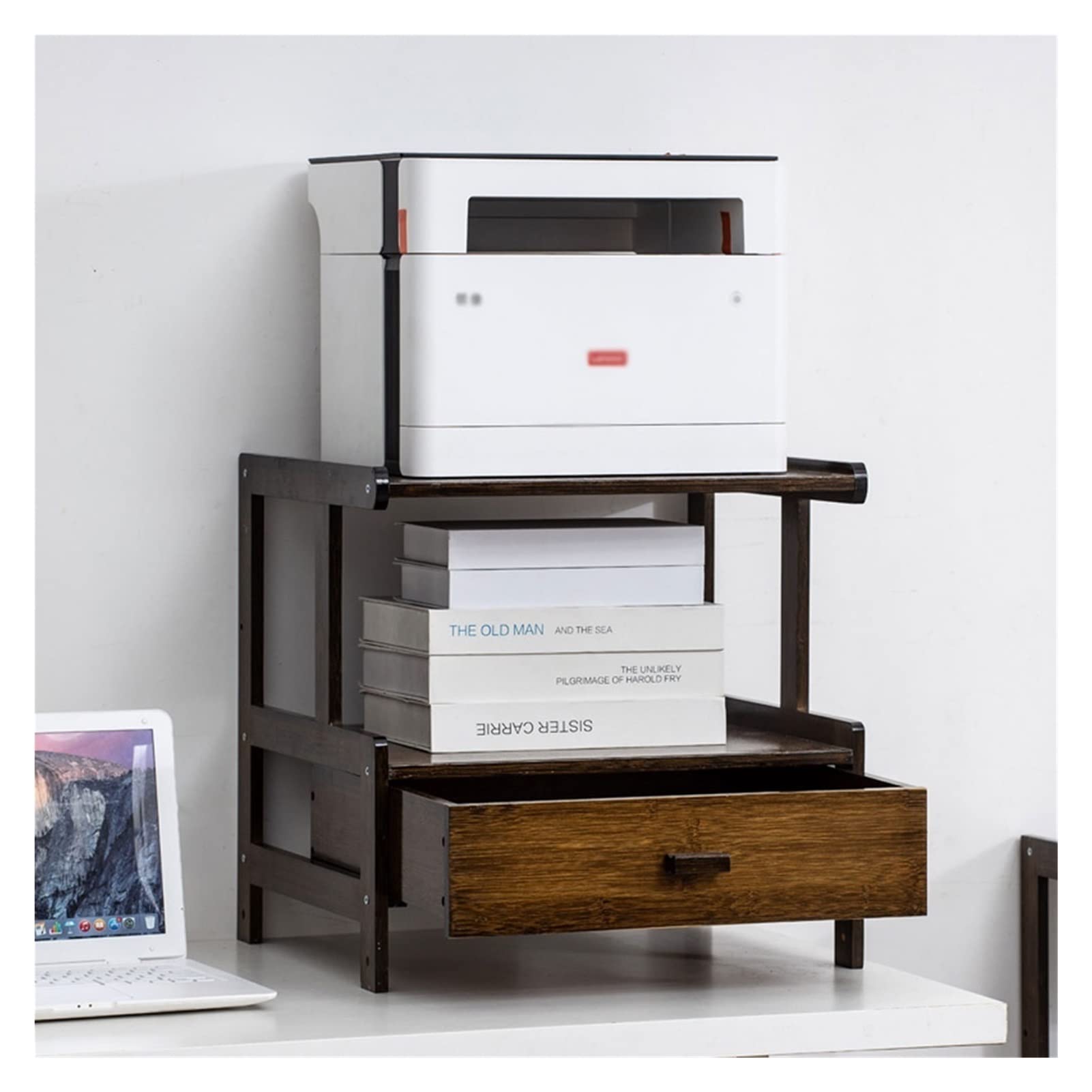 XIAOSAKU Heavy Duty Bamboo Printer Stand with Storage Drawer - Sturdy Office Desktop Copier Shelf & File Organizer Rack for Home and Workspaces | Perfect for Printer Organization, Paper Storage & Workspace Decluttering