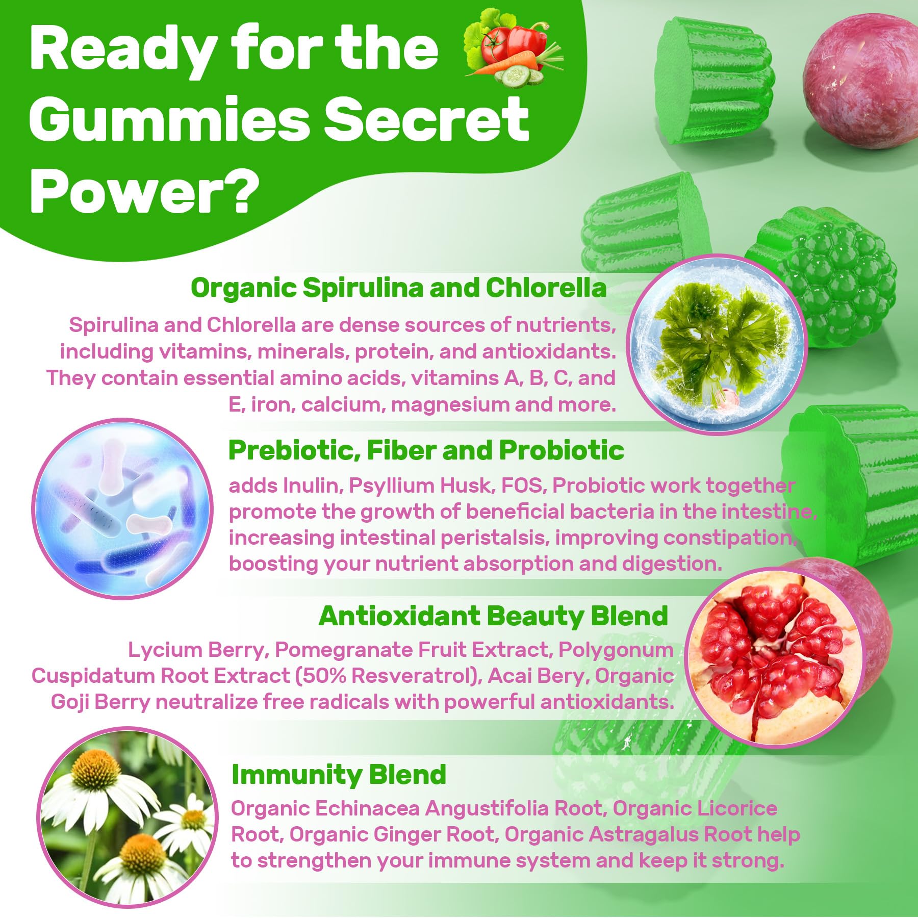 Super Greens Gummies - Organic Spirulina & Chlorella Supplement with Prebiotic Fiber & Probiotics | Fruit & Veggie Superfood Powder Alternative for Digestive Health, Immunity & Focus | 120 Count | Perfect for Busy Professionals & Health-Conscious Families