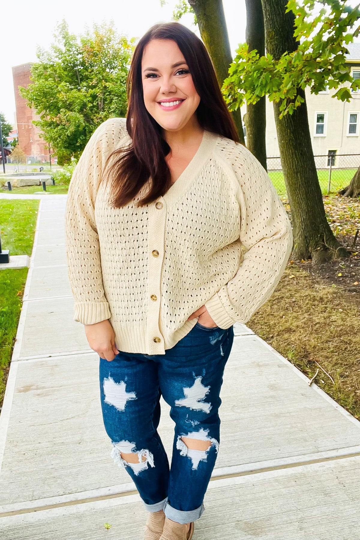 Follow Me Oatmeal Pointelle Knit Button Down Cardigan - Cozy Women's Sweater for Fall & Winter | Perfect for Office, Date Night & Casual Outfits