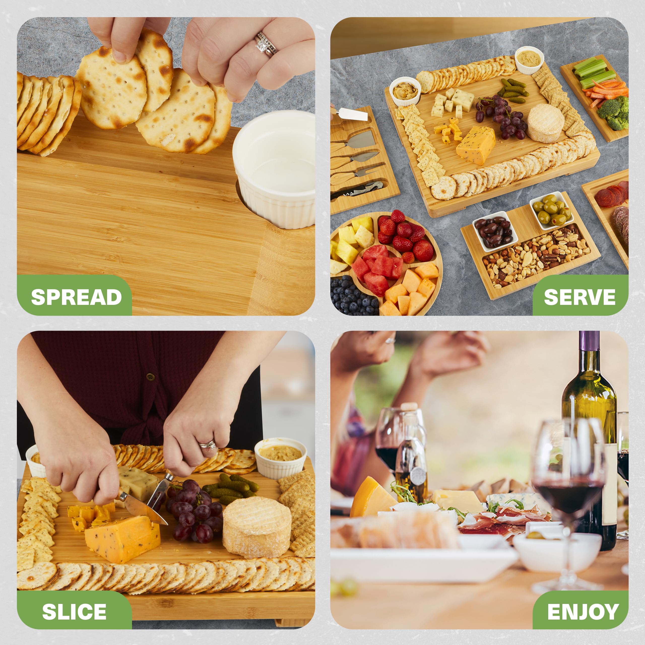 Expandable Bamboo Charcuterie Board Set with 4 Hidden Drawers - Cheese & Appetizer Serving Tray with Stainless Steel Utensils, Ceramic Bowls & Utensil Storage - Perfect for Entertaining, Dinner Parties & Charcuterie Displays