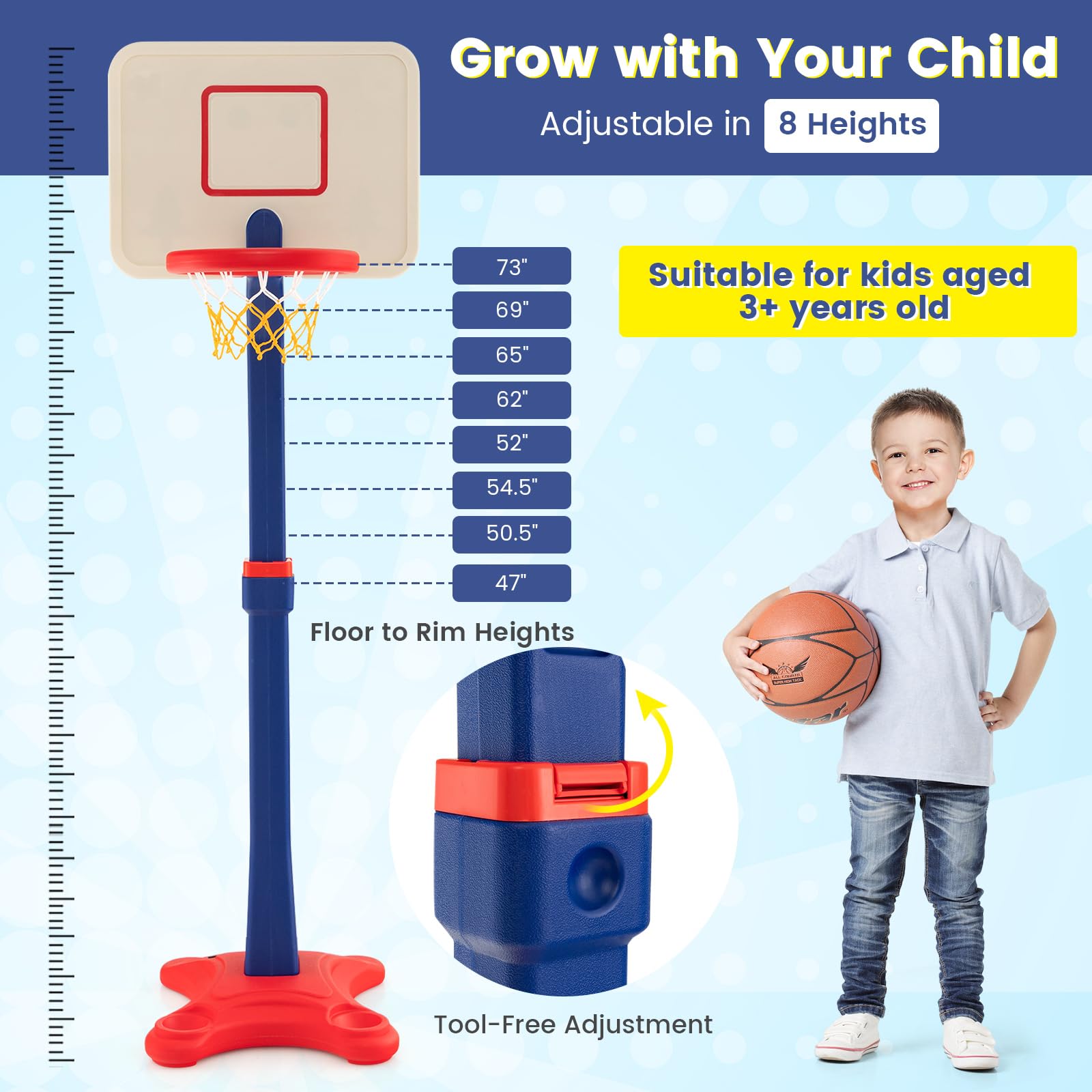 Adjustable Kids Basketball Hoop - 8 Height Levels, Weighted Base for Stability - Indoor/Outdoor Basketball Set for Boys & Girls Ages 3+ | Perfect for Driveway, Backyard & Playroom Sports Activities