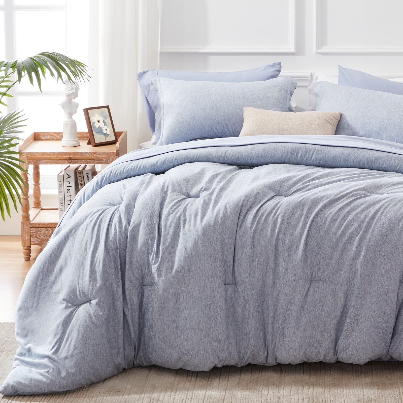 UNILIBRA 7-Piece Queen Comforter Set - All Seasons Soft Bedding Set with Comforter, Flat Sheet, Fitted Sheet & Pillowcases - Cationic Dyeing Blue Queen Size - Perfect for Master Bedroom, Guest Room & Dorm Decor
