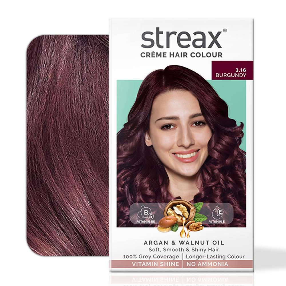 Streax Permanent Hair Color for Women - 100% Gray Coverage with Argan & Walnut Oil - Long Lasting Burgundy Cream Hair Dye (3.16 Burgundy) - Includes 60g Colorant, 60ml Developer & 20g Conditioner - Perfect for At-Home Salon Quality Hair Coloring & Vibrant Color Refresh