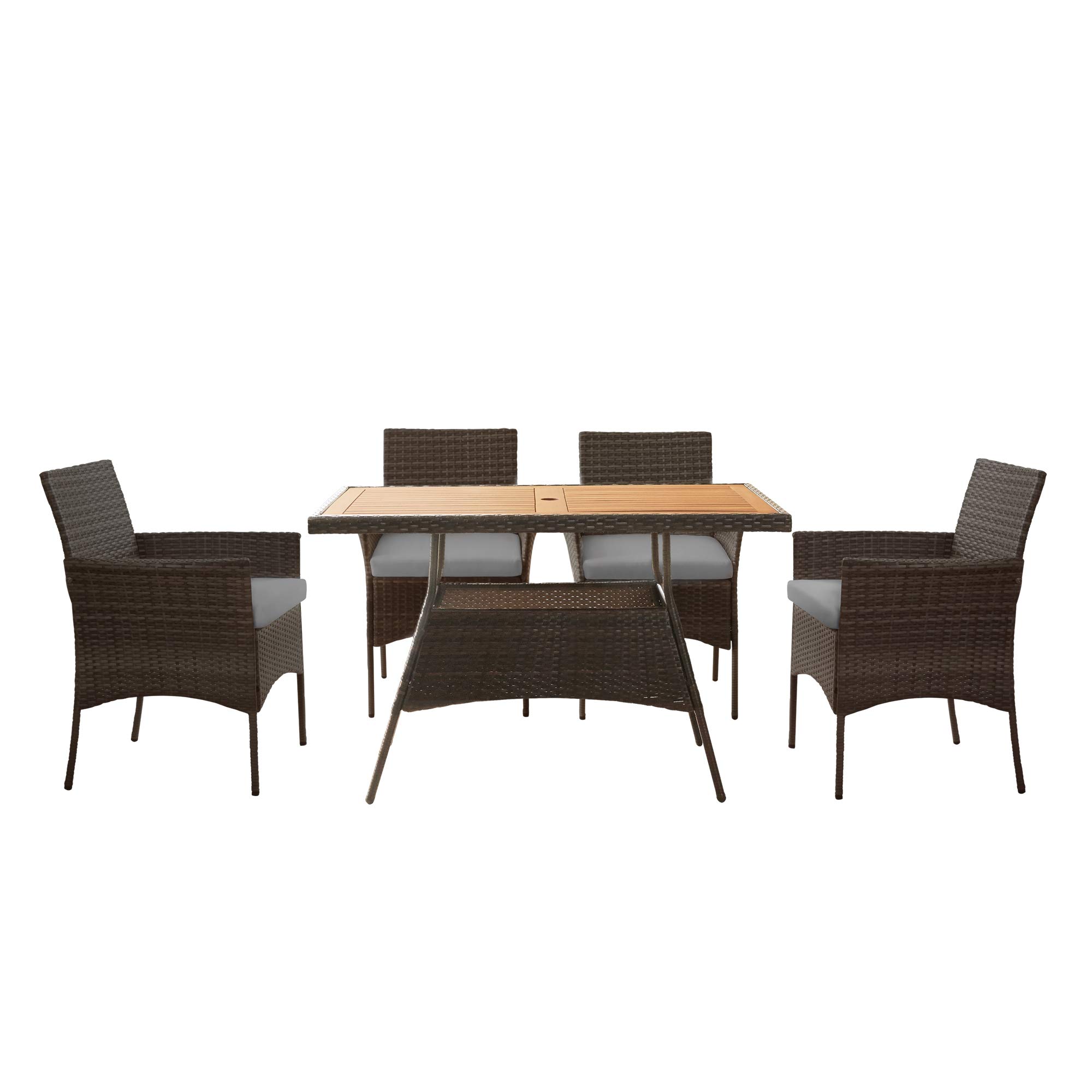 Teamson Home Outdoor PE Rattan 4-Piece Dining Set with Removable Water-Resistant Cushions & Acadia Wood-Slated Table Top - Perfect for Patios, Decks, Gardens, Poolside & Sunrooms (Brown/Gray) - Ideal for Outdoor Entertaining, Family Gatherings & Relaxing in Your Backyard