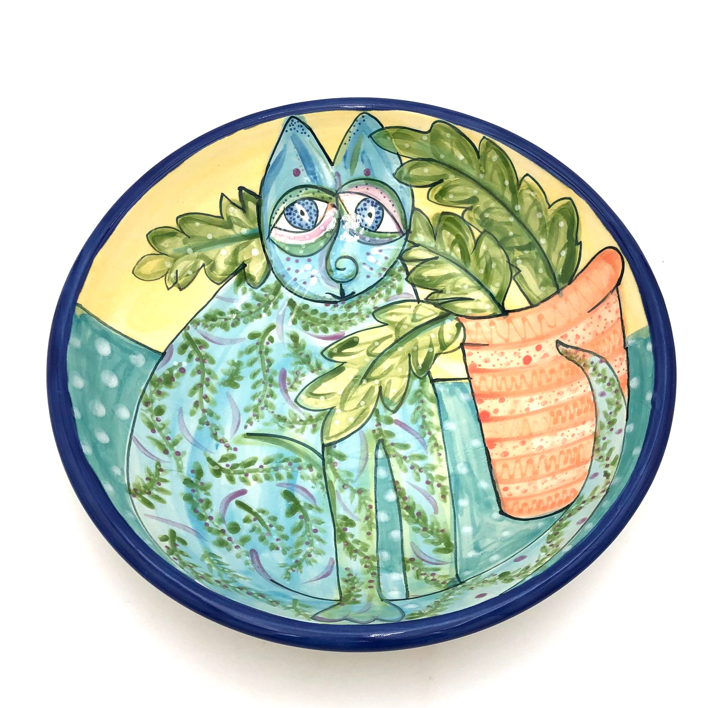Susan & Peter Stark Large Ceramic Serving Bowl - Hand-Painted Cat Design in Yellow - Perfect for Soups, Salads & Entertaining Guests