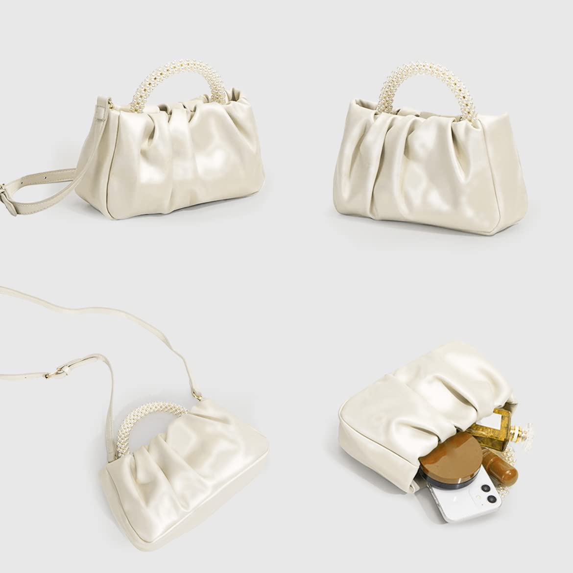 Elegant Pearl Embellished Women's Evening Purse - Soft Leather Ruched Clutch Bag for Wedding, Bridal, Party & Prom - Crossbody Handbag for Special Occasions & Night Out