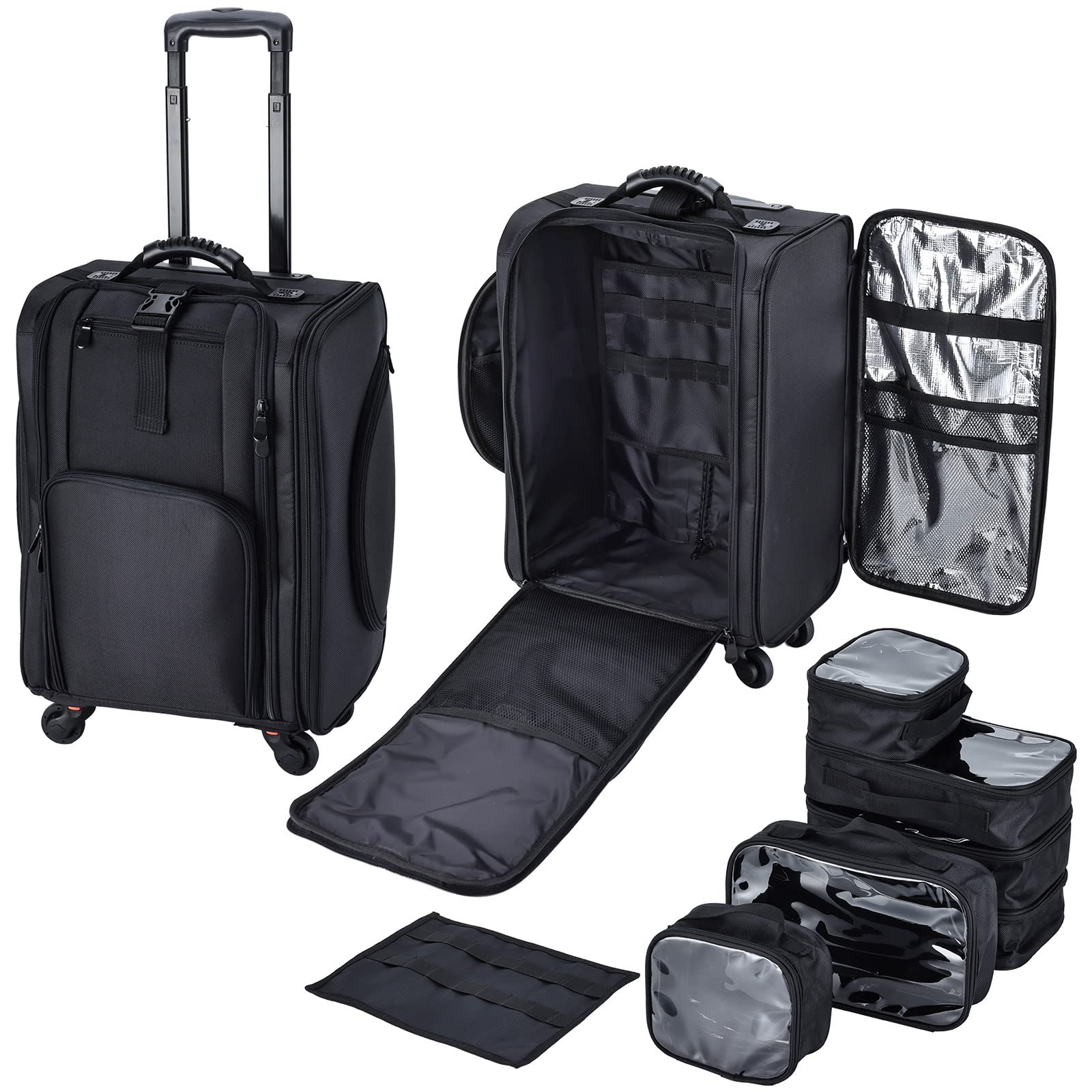 Hododou Rolling Makeup Case - Nylon Soft-Sided Cosmetic Travel Organizer with Wheels, 6 Toiletry Bags | Portable Train Case for Professional Makeup Artists & Travel | Perfect for Salon, Home Storage & On-the-Go Beauty Needs