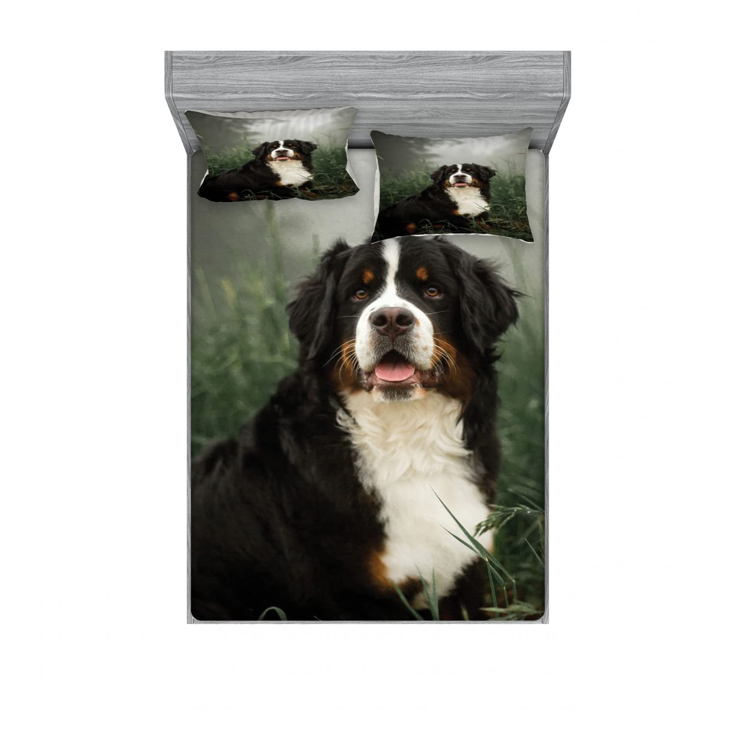 Ambesonne 2-Pack Dog Themed King Size Fitted Sheet Set with 4 Pillow Shams - Bernese Mountain Dog Design, Vibrant Multicolor Pet Lover Bedding for Master Bedroom & Guest Room Decor
