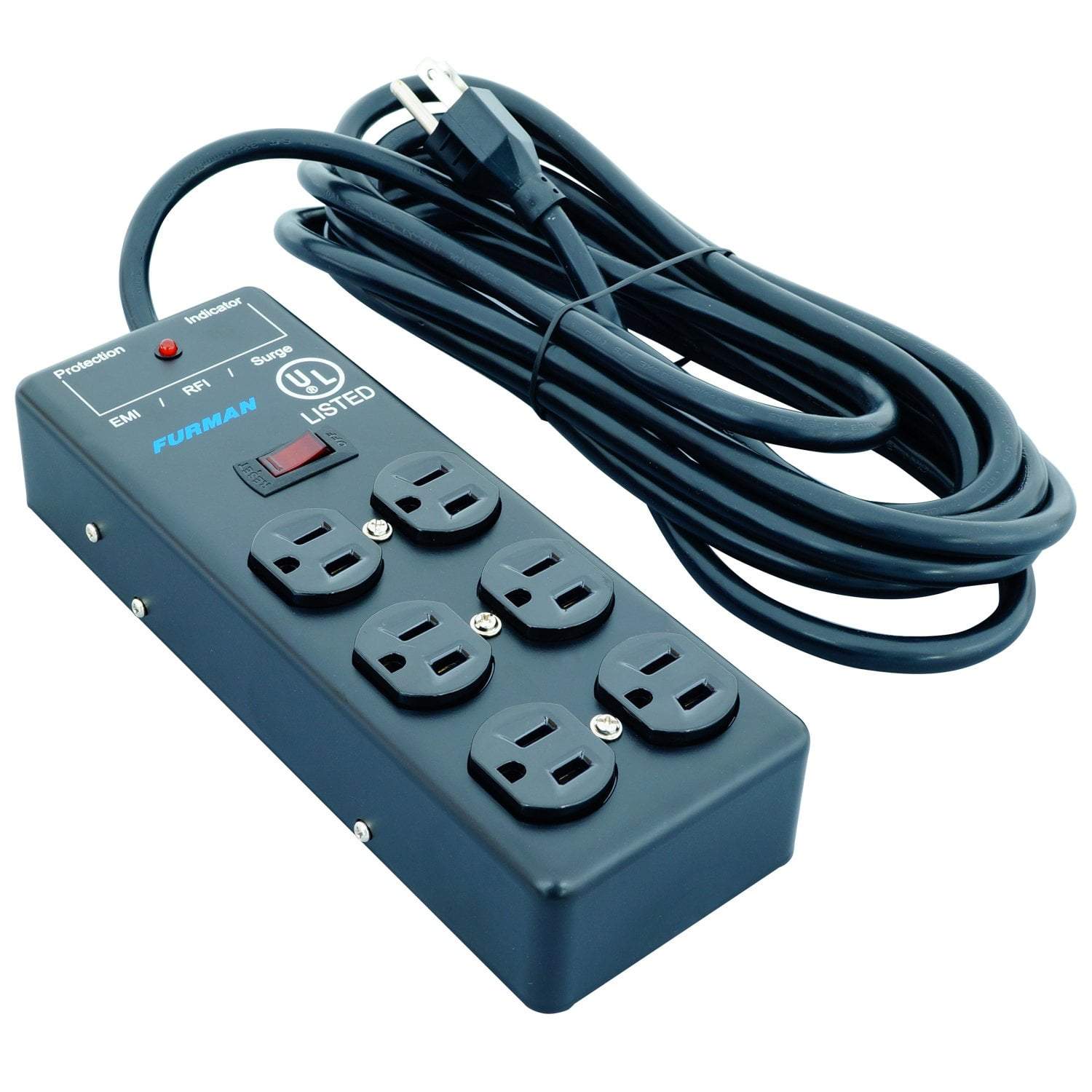 SS 6B Furman 15A 6-Outlet Surge Protector Power Strip with 15 Ft Heavy Duty Extension Cord - Ideal for Home Office, Entertainment Centers & Electronics Protection