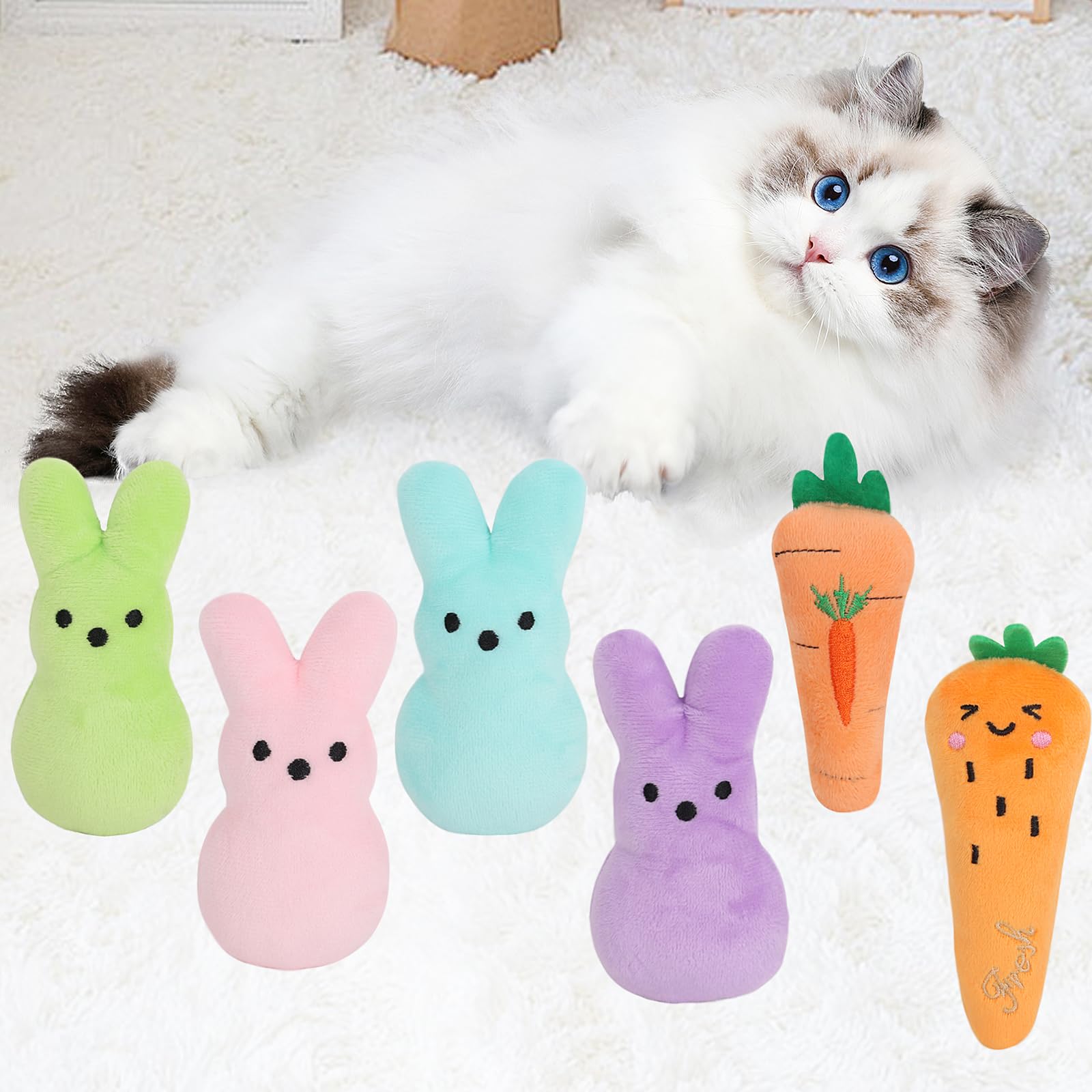 FOIMAS 6pcs Bunny Carrot Catnip Toys - Plush Chew Toys for Kittens, Easter Cat Gifts, Stress Relief for Cats - Perfect for Playtime, Teething & Holiday Presents
