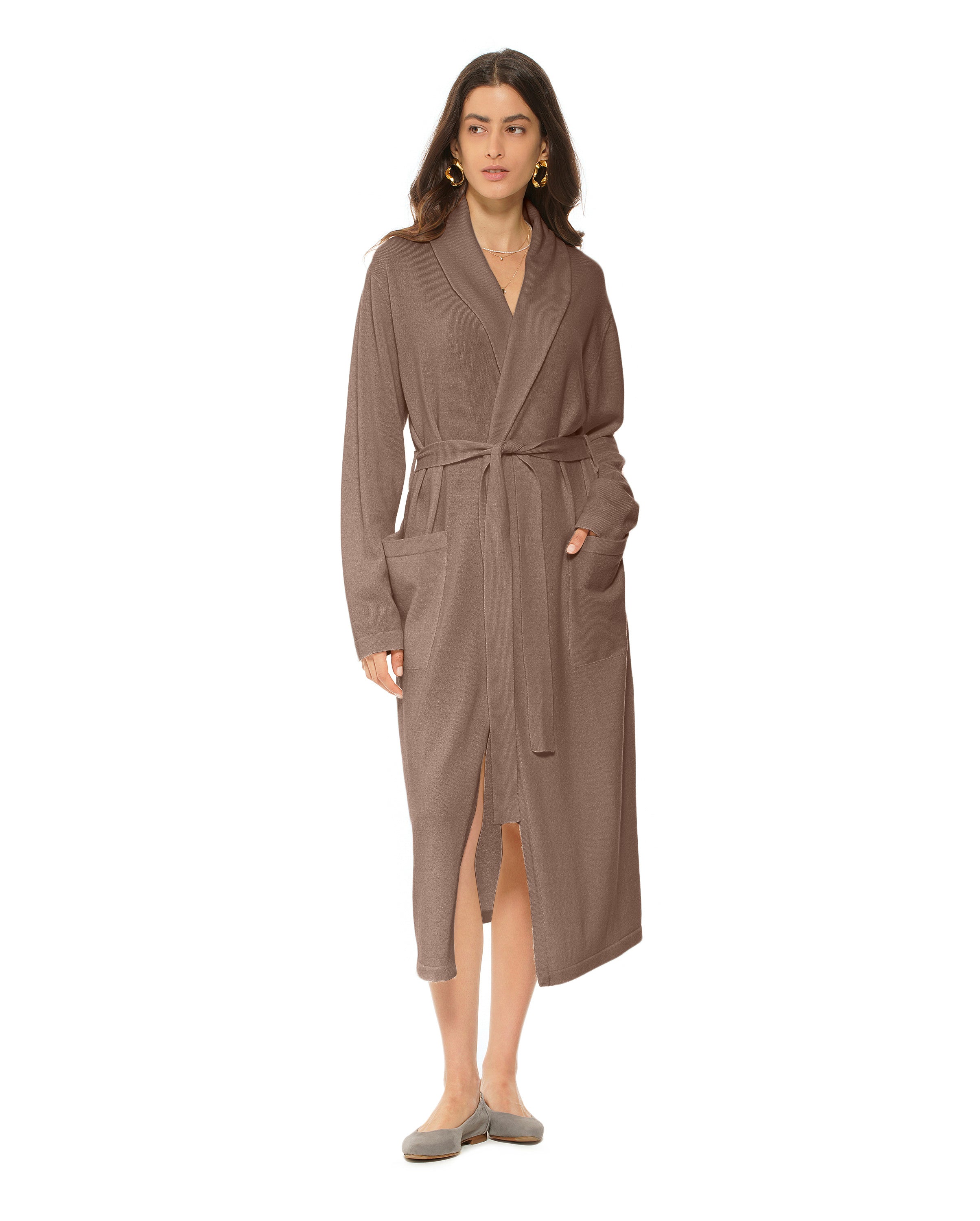 Luxury Women's Pure Cashmere Knit Robe - Soft Brown Winter Bathrobe for Spa, Lounge & Home Relaxation