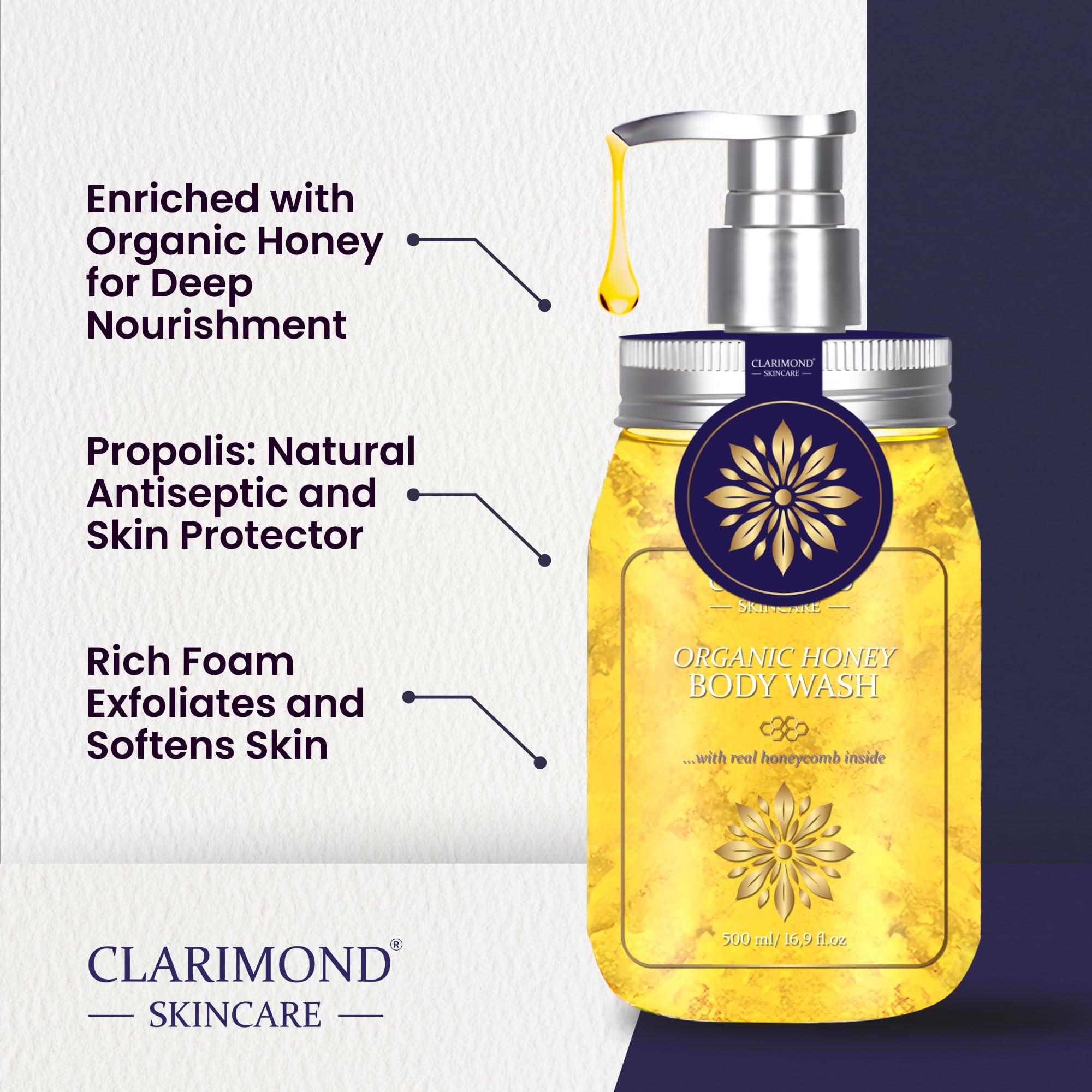 Clarimond Honey Body Wash with Real Honeycomb & Propolis - Deep Nourishing, Foaming Exfoliator for Soft Glowing Skin - Paraben & Sulfate Free - Perfect for Dry Skin & Daily Hydration