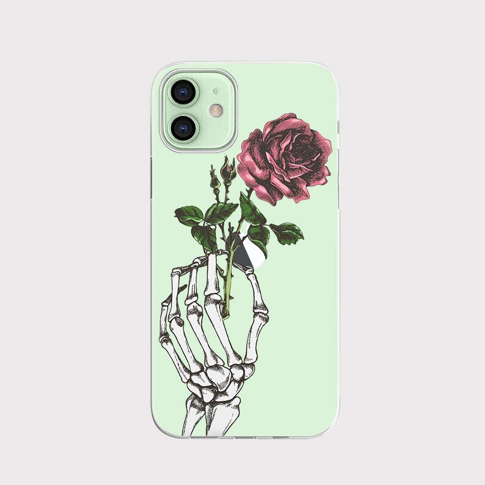 FancyCase Compatible with iPhone 12 Case (6.1 Inch) - Stylish Skeleton Rose Design Flexible TPU Protective Clear Cover | Slim Fit Shockproof Phone Case for Women & Men | Perfect for Daily Use, Work & Travel