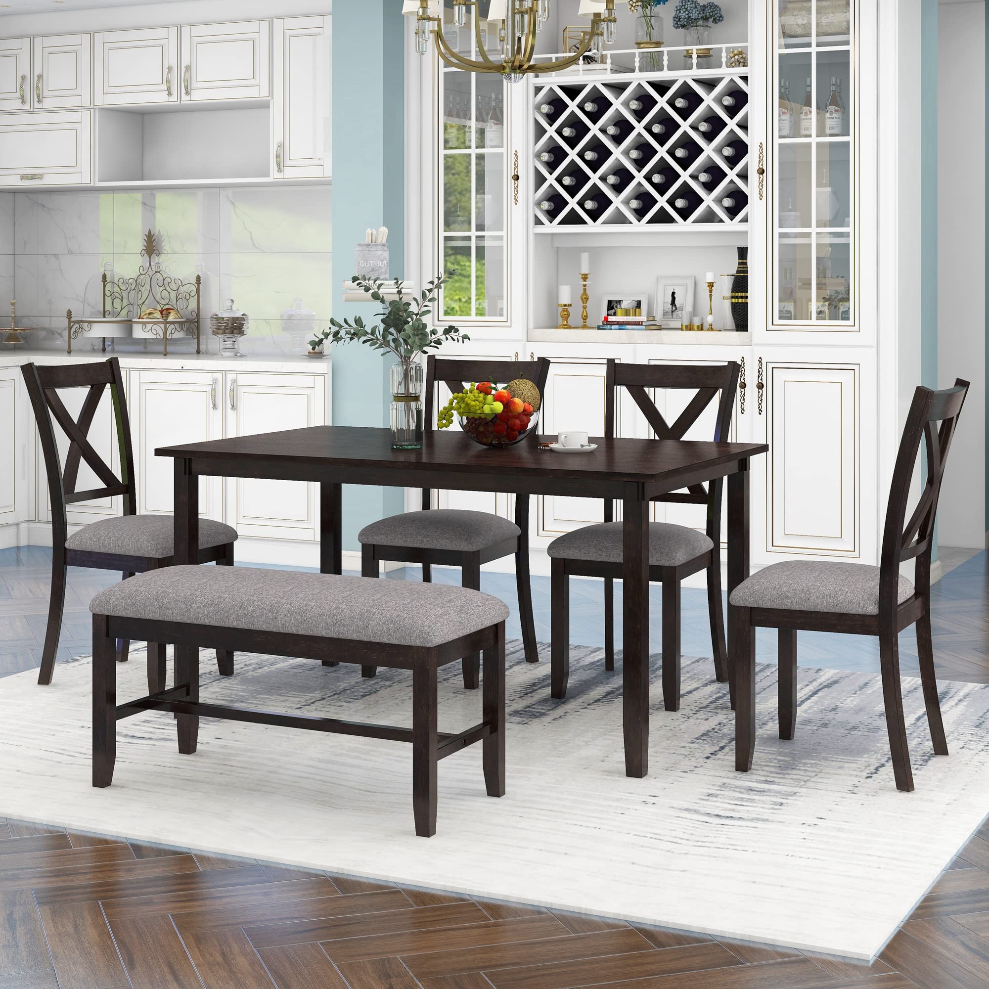 Merax 6-Piece Wooden Kitchen Dining Table Set with 4 Fabric Chairs and Bench - Espresso Brown Family Dining Furniture for Kitchen, Breakfast Nook & Small Spaces