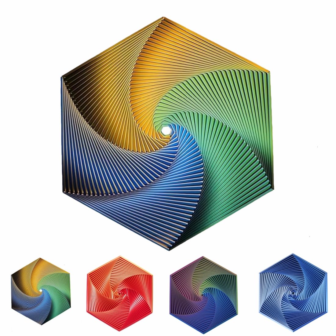 3D Printed Hexagon Fidget Spiral Toy - Anti-Anxiety Stress Relief Pocket Sensory Toy for Adults & Kids - Yellow Green Blue Color - Perfect for Office, Travel & ADHD Focus Aid
