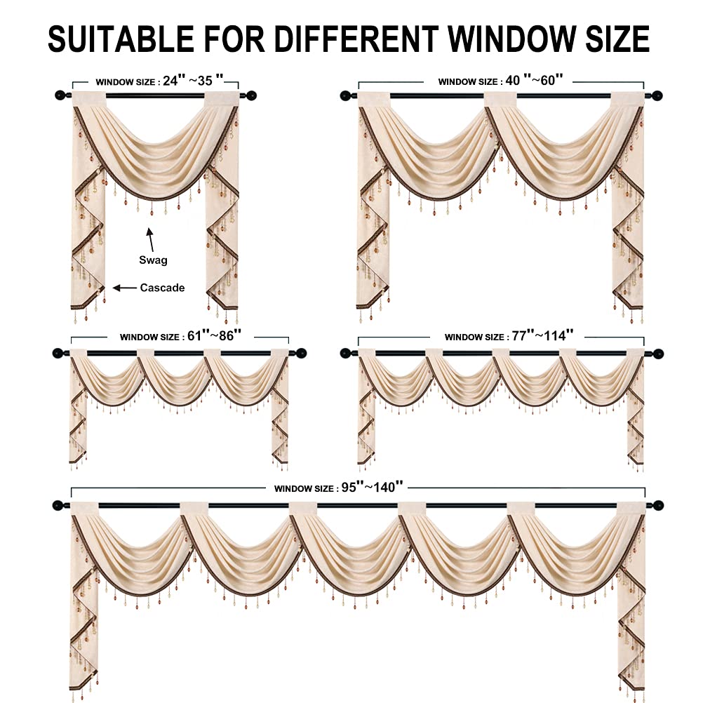 ELKCA Beige Chenille Waterfall Valance - Single Hollow Swag Curtain Panel with Rod Pocket for Living Room, Bedroom & Kitchen - Elegant Window Treatment for Home Decor