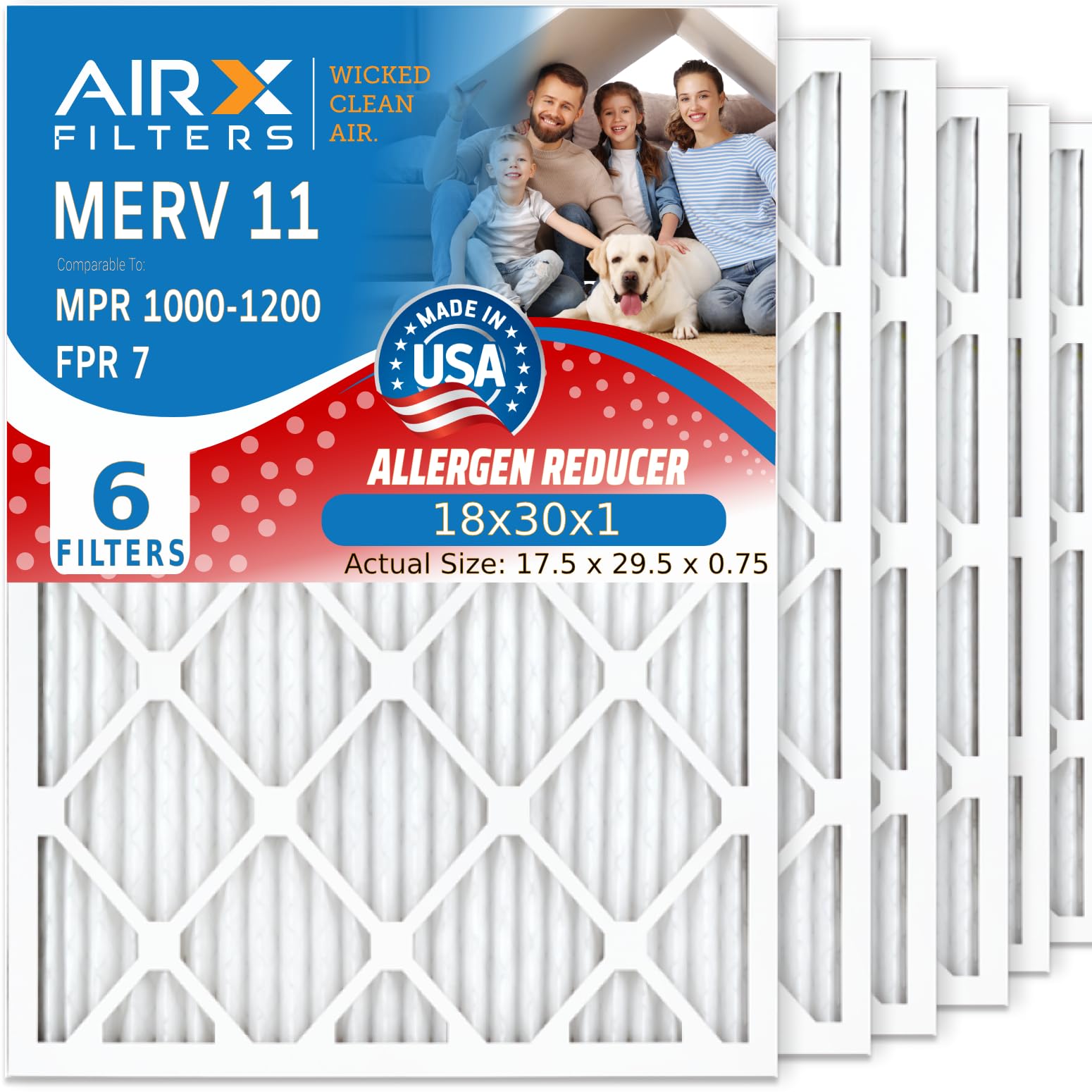 AIRX FILTERS WICKED CLEAN AIR - 18x30x1 MERV 11 Electrostatic Pleated HVAC Air Filters (6 Pack) - AC Furnace & Air Conditioner Filters for Home, Office & Commercial Use