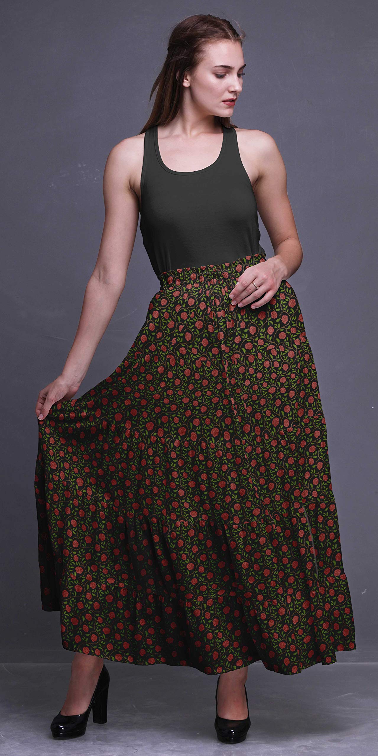 Bimba Printed Long 5-Tier Cotton Skirt for Women - Boho Maxi Skirt with Floral Design | Perfect for Beach Vacations, Music Festivals & Summer Outfits