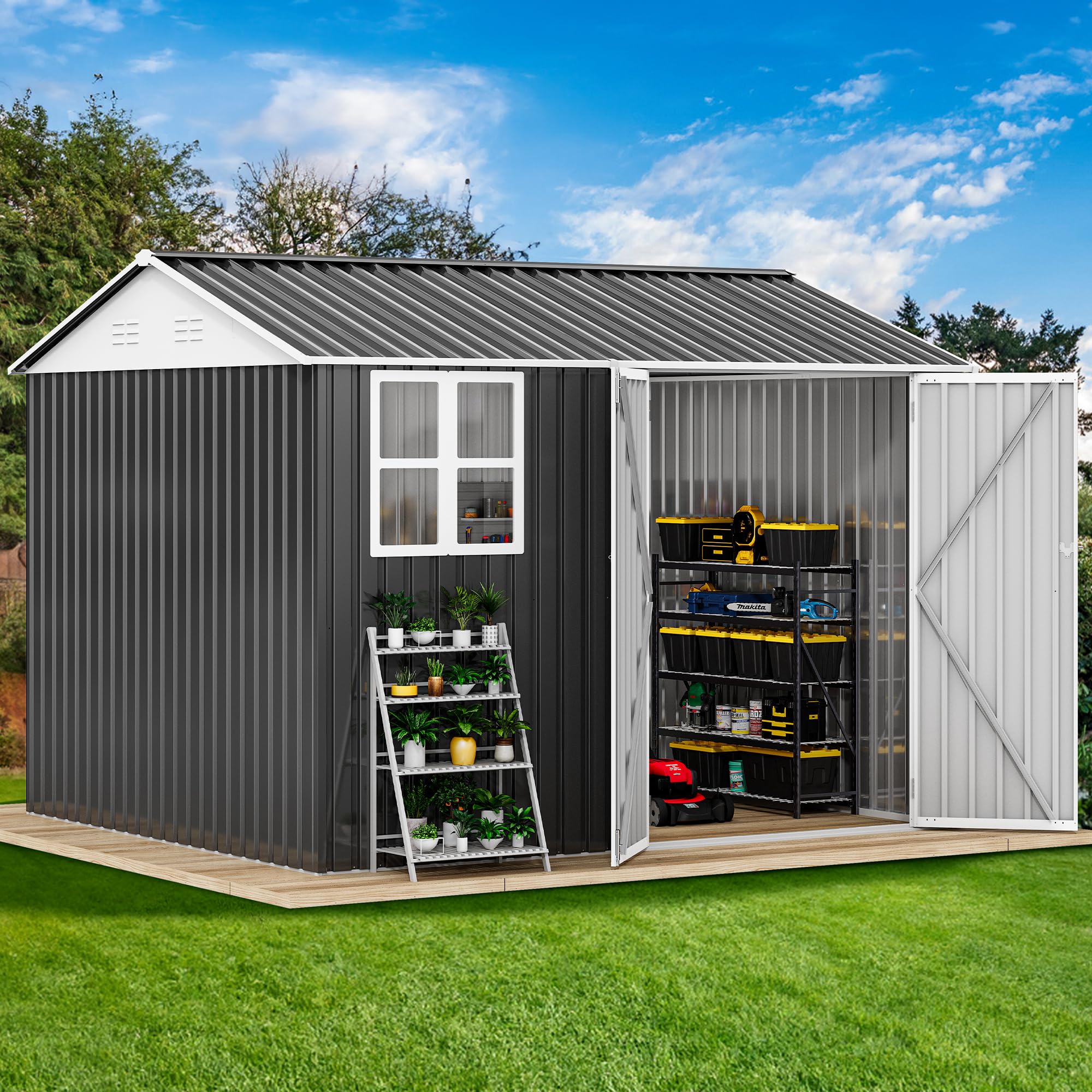 DWVO 10x8ft Heavy Duty Metal Outdoor Storage Shed with Window & Lockable Door - Large Steel Garden Shed with Sloped Roof for Backyard, Patio, Garage - Perfect for Storing Lawn Equipment, Tools & Seasonal Items (Dark Gray)