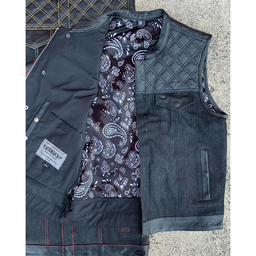 Open Road Men's Denim & Leather Club Vest - Stylish Biker Jacket for Motorcycle Riders & Casual Wear - Perfect for Road Trips, Outdoor Adventures & Everyday Fashion