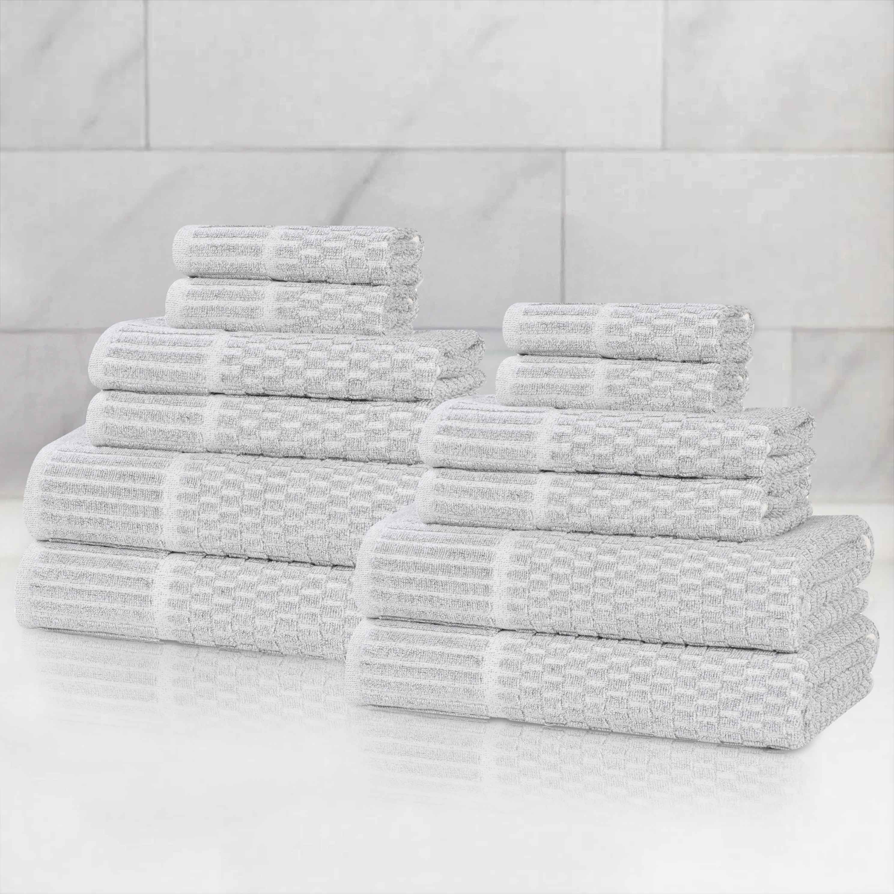 Juno Cotton Blend Medium Weight Checkered Border 12-Piece Towel Set | Soft & Absorbent Bath & Hand Towels for Bathroom, Kitchen & Spa | Premium Hotel-Quality Towel Collection