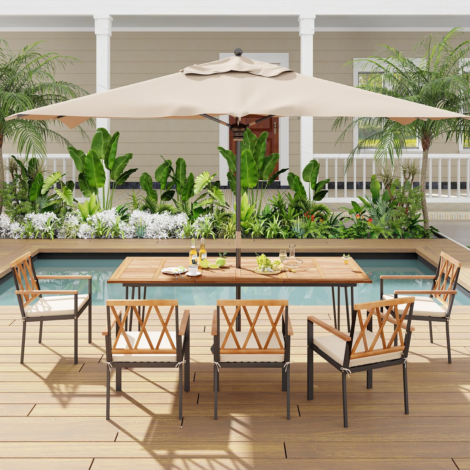 Tangkula 86.5-Inch Outdoor Dining Table with Acacia Wood Tabletop & Metal Legs - Rectangular Patio Table with Umbrella Hole for Garden, Deck, Backyard - Seats 8 People (86.5