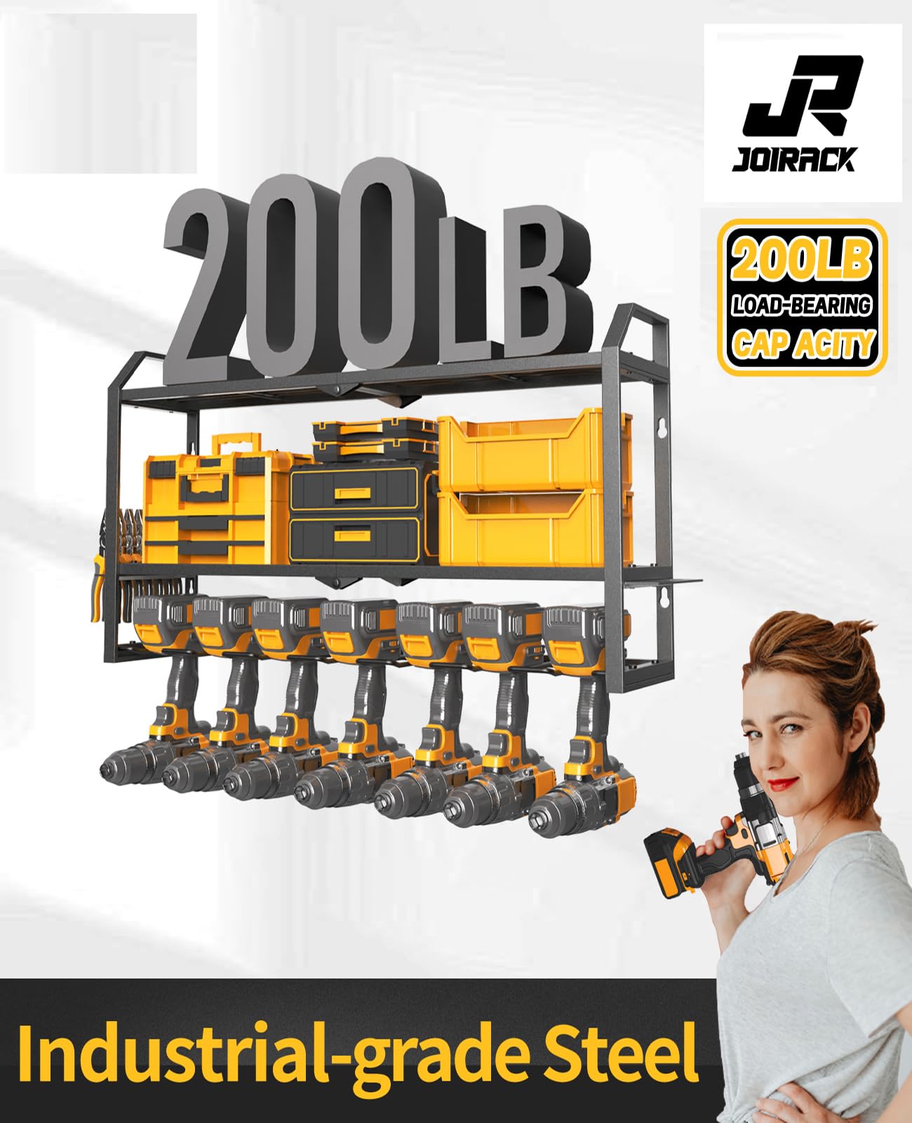 Heavy Duty Wall Mount Power Tool Organizer - 7 Drill Holders & 3-Tier Storage Rack (26 Inch) for Garage, Workshop & DIY Projects - Perfect Tool Organization Gift for Men & Husband