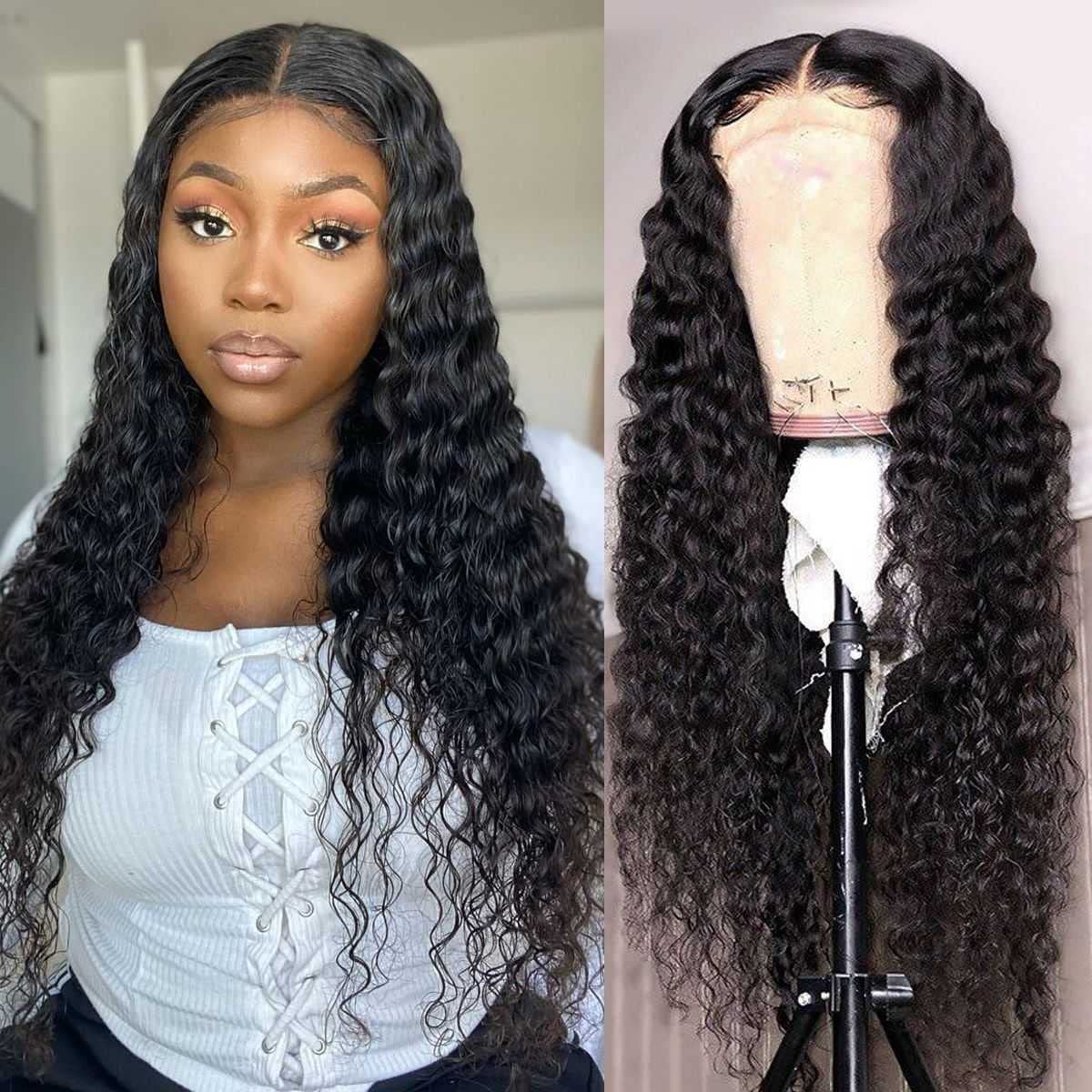 13x4 Lace Front Human Hair Wig - Brazilian Virgin Deep Wave 18 Inch Pre-Plucked Glueless Lace Wig for Black Women | 180% Density Natural Hairline | Perfect for Daily Wear, Parties & Special Occasions