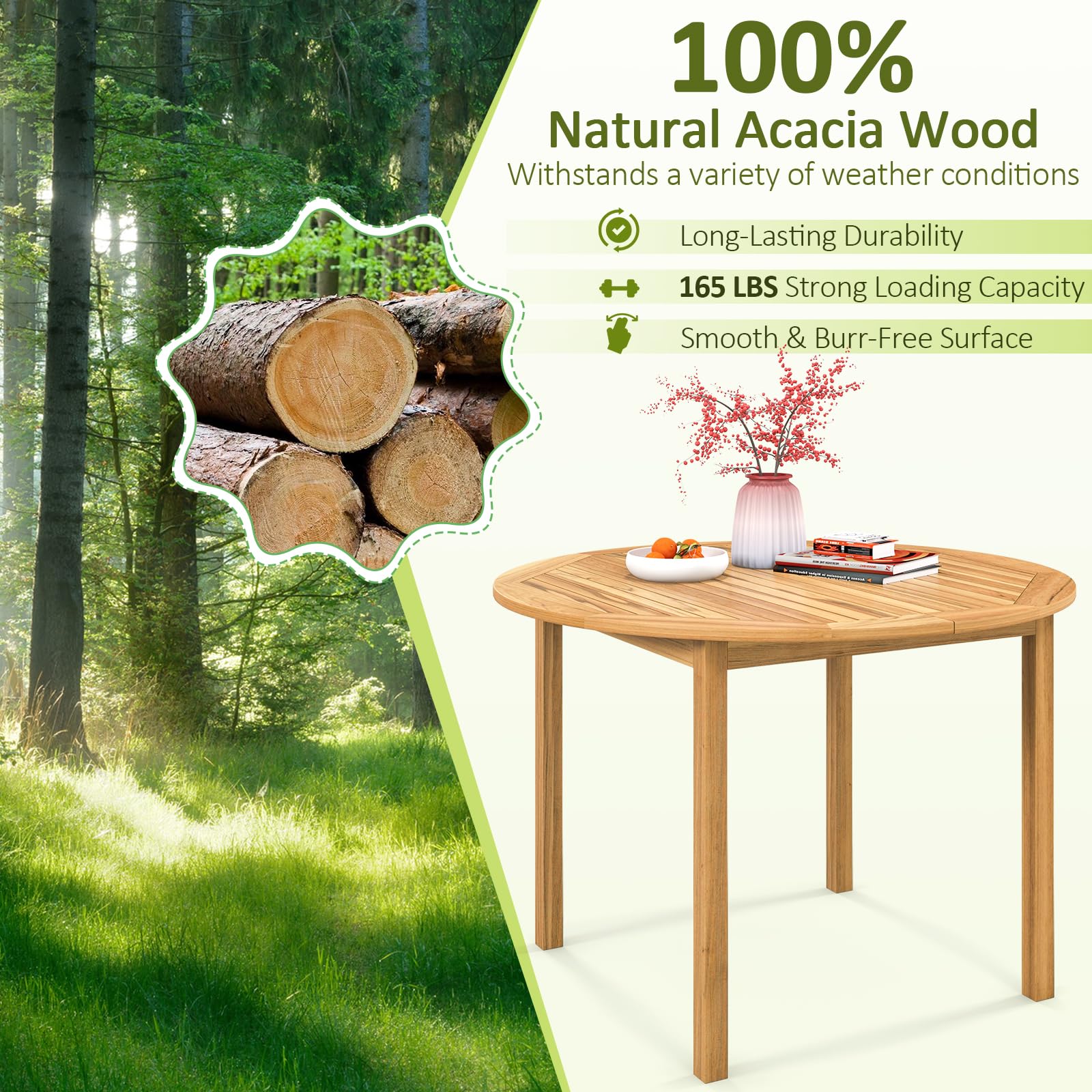 Tangkula 48-Inch Round Outdoor Dining Table - Acacia Wood Farmhouse Style 4-Person Patio Table - Weather-Resistant for Yard, Deck, Garden & Indoor Dining Room - Perfect for Al Fresco Meals & Backyard Entertaining