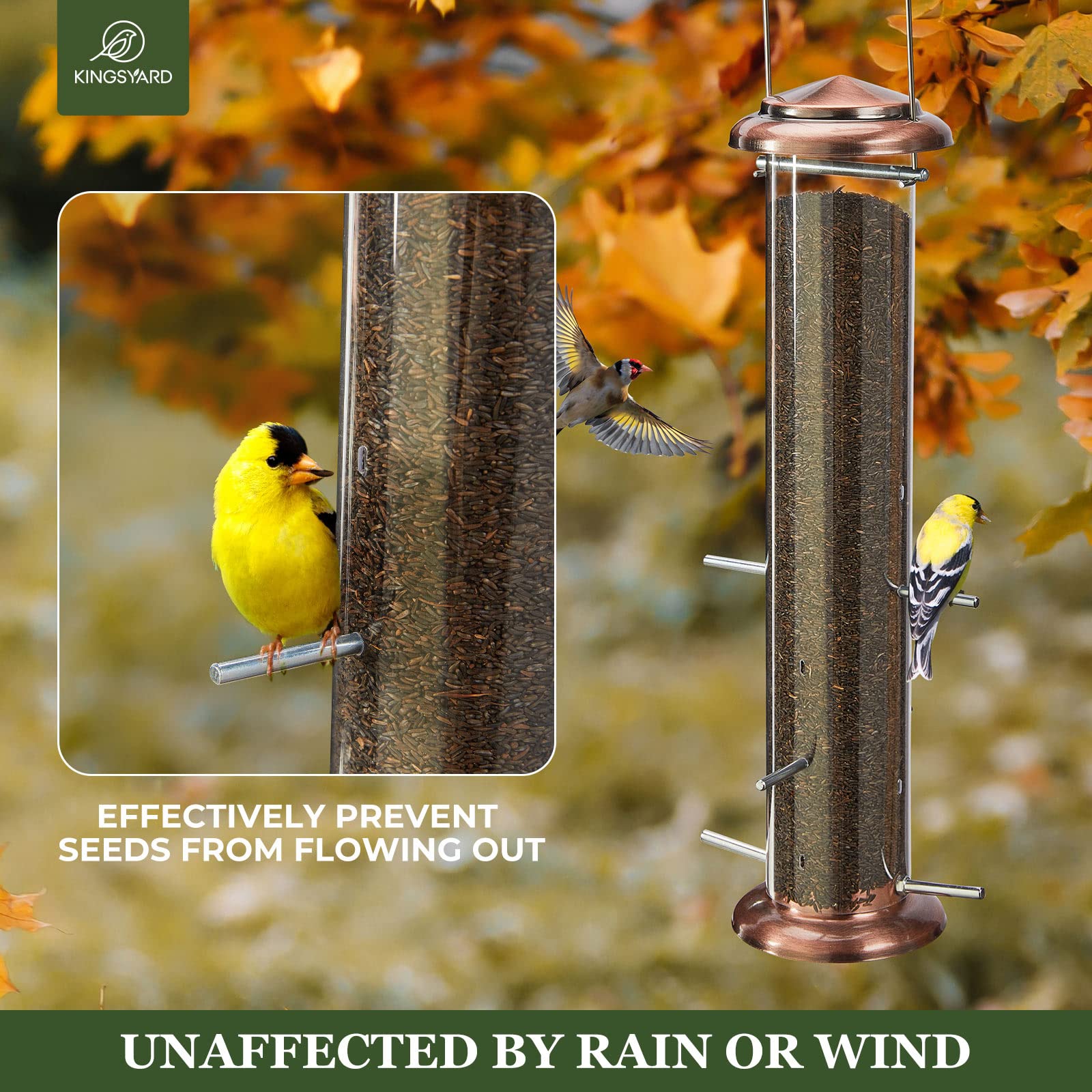 Kingsyard Metal Finch Feeder for Thistle/Nyjer Seed - 2 lbs Large Capacity Tube Bird Feeder for Outdoor Hanging - Easy to Fill & Clean - Antique Copper Finish - Perfect for Backyard Birdwatching & Attracting Wild Finches