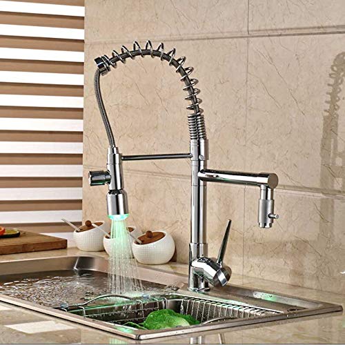 HTSSM LED Color Changing Kitchen Faucet - Spring Polished Chrome Deck Mounted Pull Down Mixer Tap with Swivel Spout | Modern Touchless Water Saving Design for Home Kitchen & Bar Sink (Chrome Faucet B)