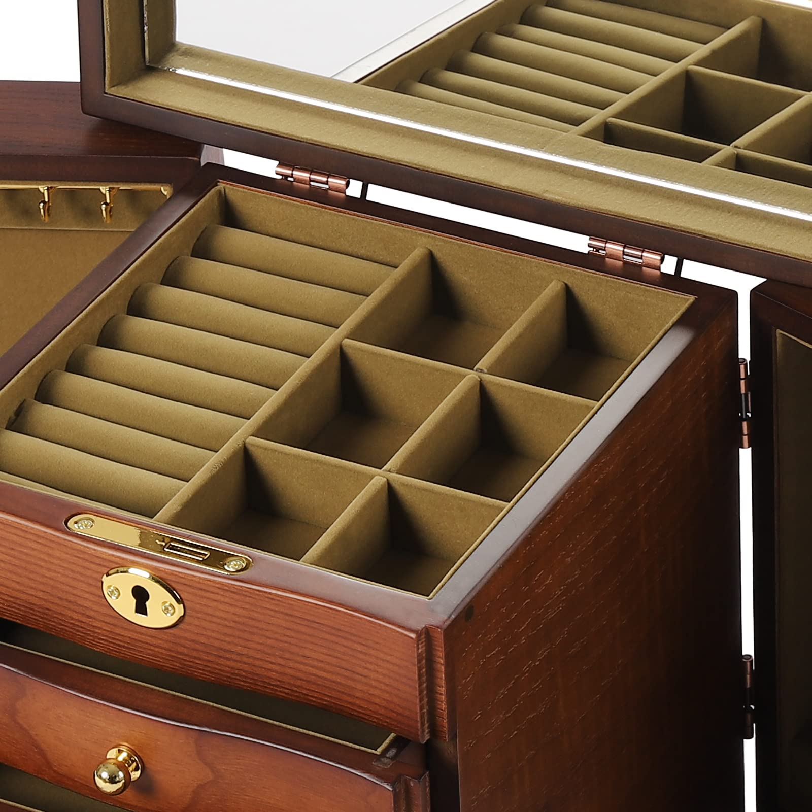 LOYALHEARTDY Large 5-Layer Wooden Jewelry Box with 2 Swing-Out Cabinets, Mirror & Lock - Necklace Earring Bracelet Organizer Storage Display Case - Perfect for Bedroom Vanity, Wedding Gift & Jewelry Collection