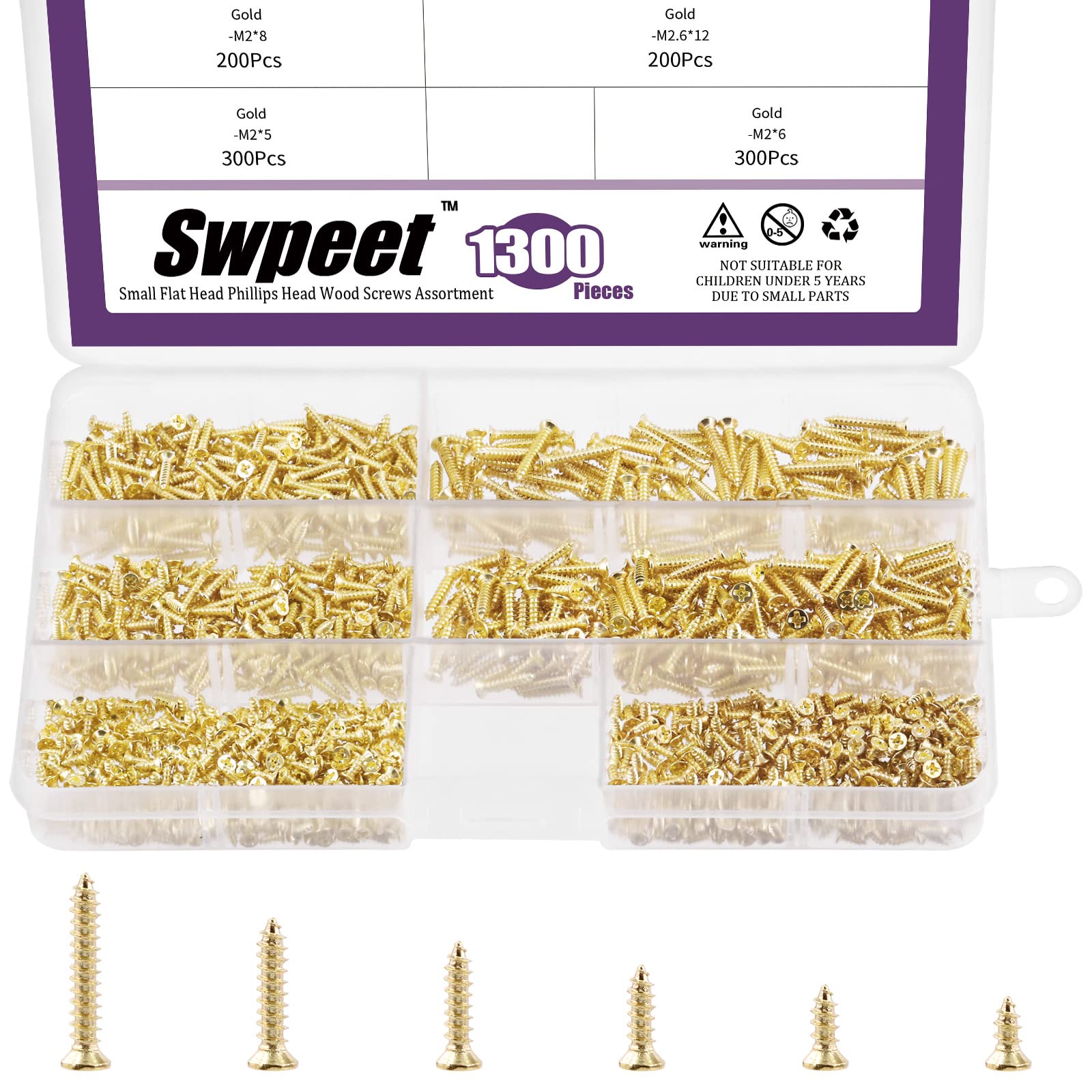 Swpeet 1295-Piece Small Wood Screws Assortment Kit - 5mm, 6mm, 8mm, 10mm, 12mm, 16mm Self Drilling Flat Head Phillips Screws - Gold Self Tapping Metal Screws for Furniture, Cabinets & DIY Projects