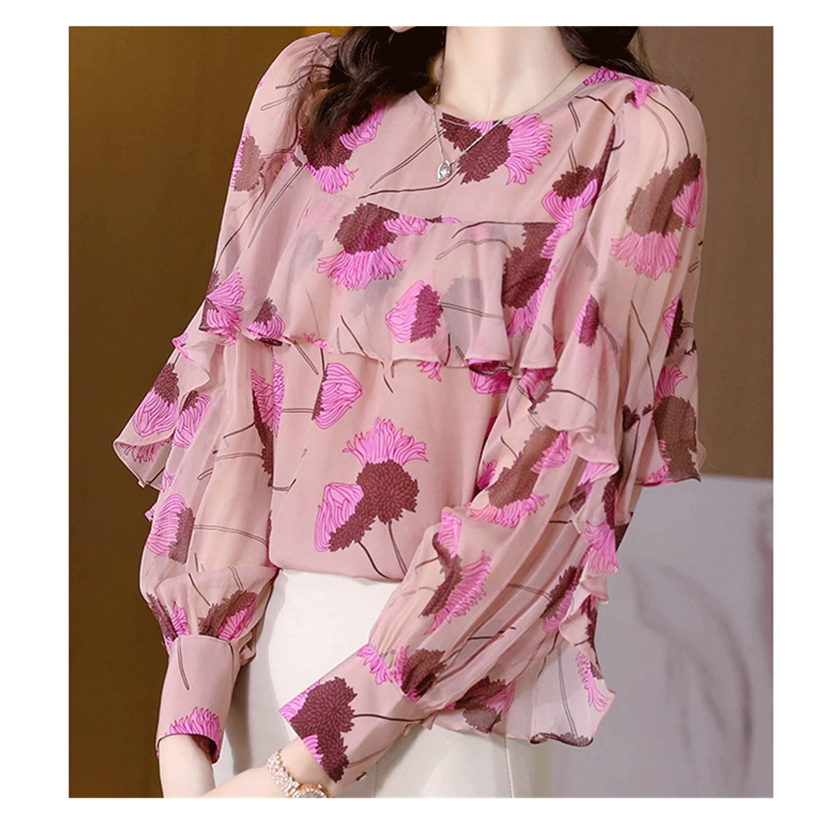 WALNUTA Women's Chiffon Blouse with Round Neck and Ruffled Long Sleeves - Elegant Casual Tops for Work, Date Night & Special Occasions
