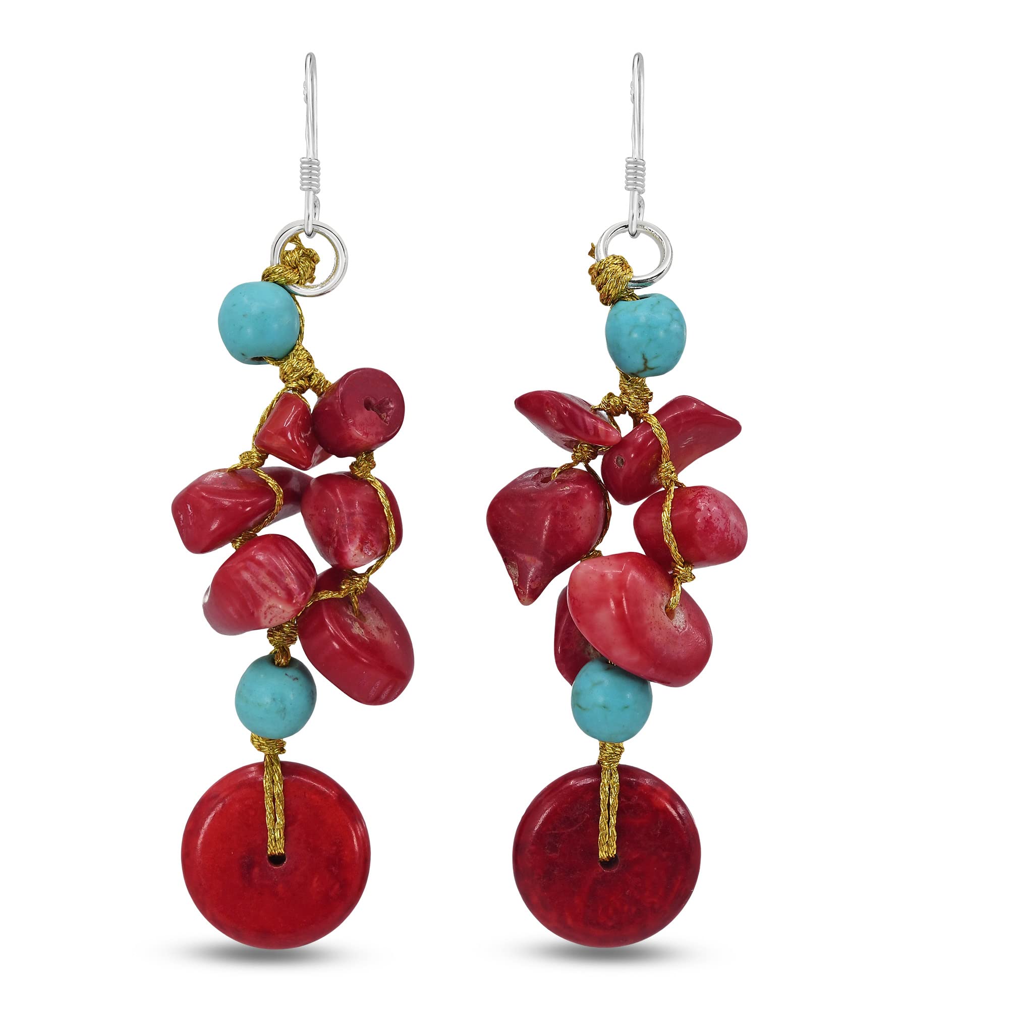 AeraVida Sterling Silver Red Coral & Turquoise Dangle Earrings for Women | Natural Tumbled Stone Jewelry | Boho Chic Dangling Earrings | Perfect for Weddings, Parties & Everyday Wear