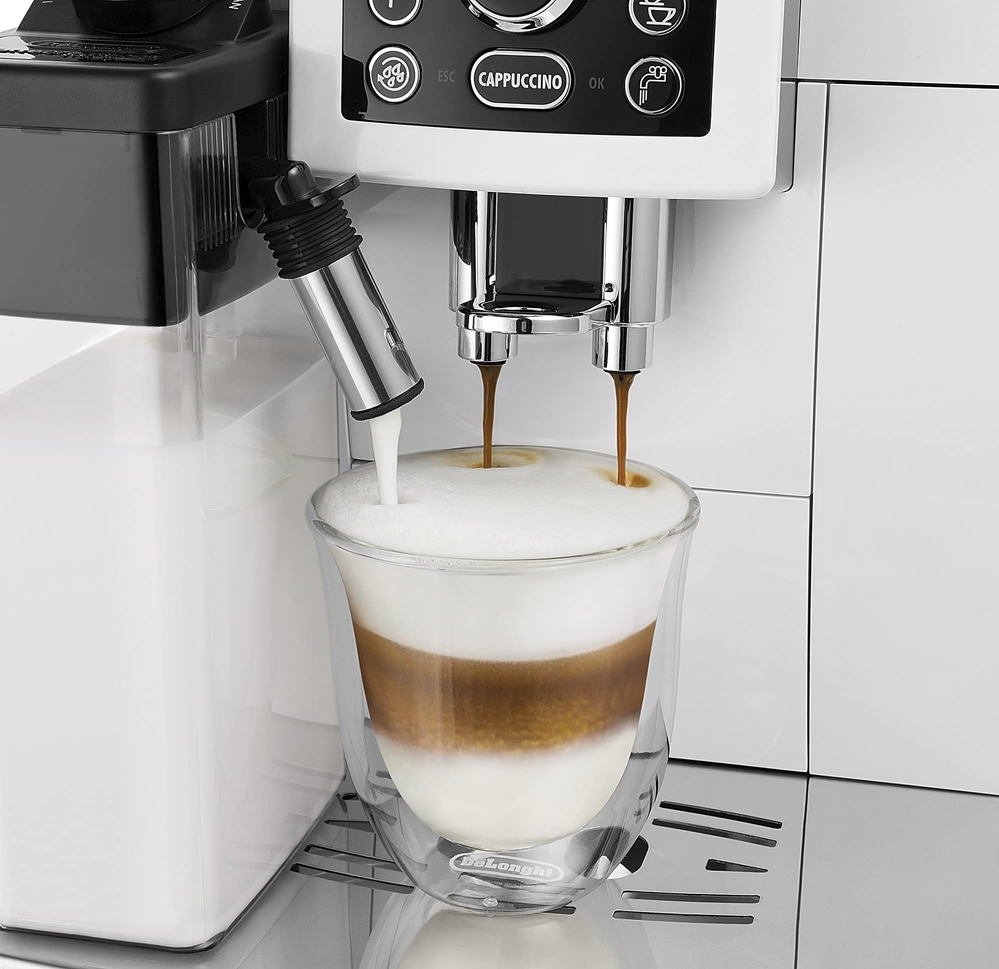 De'Longhi All-in-One Coffee Maker & Espresso Machine with Adjustable Milk Frother - Black | Includes 2 Cappuccino Glasses (270ml) for Perfect Home Brewing & Entertaining