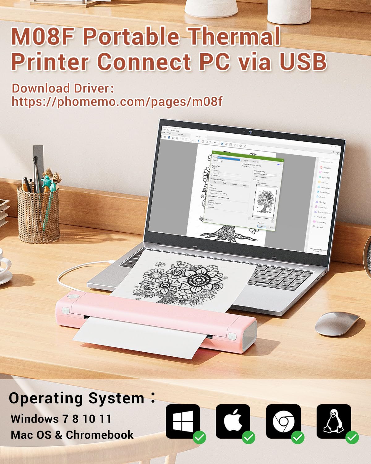 Phomemo M08F Wireless Thermal Printer - Inkless Portable A4 Printer for Android & iOS | Home Office, Photo Printing, Receipts & Study | Compact Printer for Smartphones, Laptops & Mobile Printing Needs