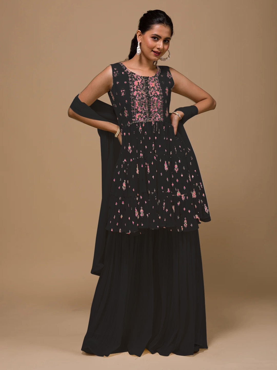 Elegant Black Pakistani Palazzo Suit with Embroidery & Sequins - Traditional Ready-to-Wear Outfit for Women | Perfect for Weddings, Parties & Special Occasions