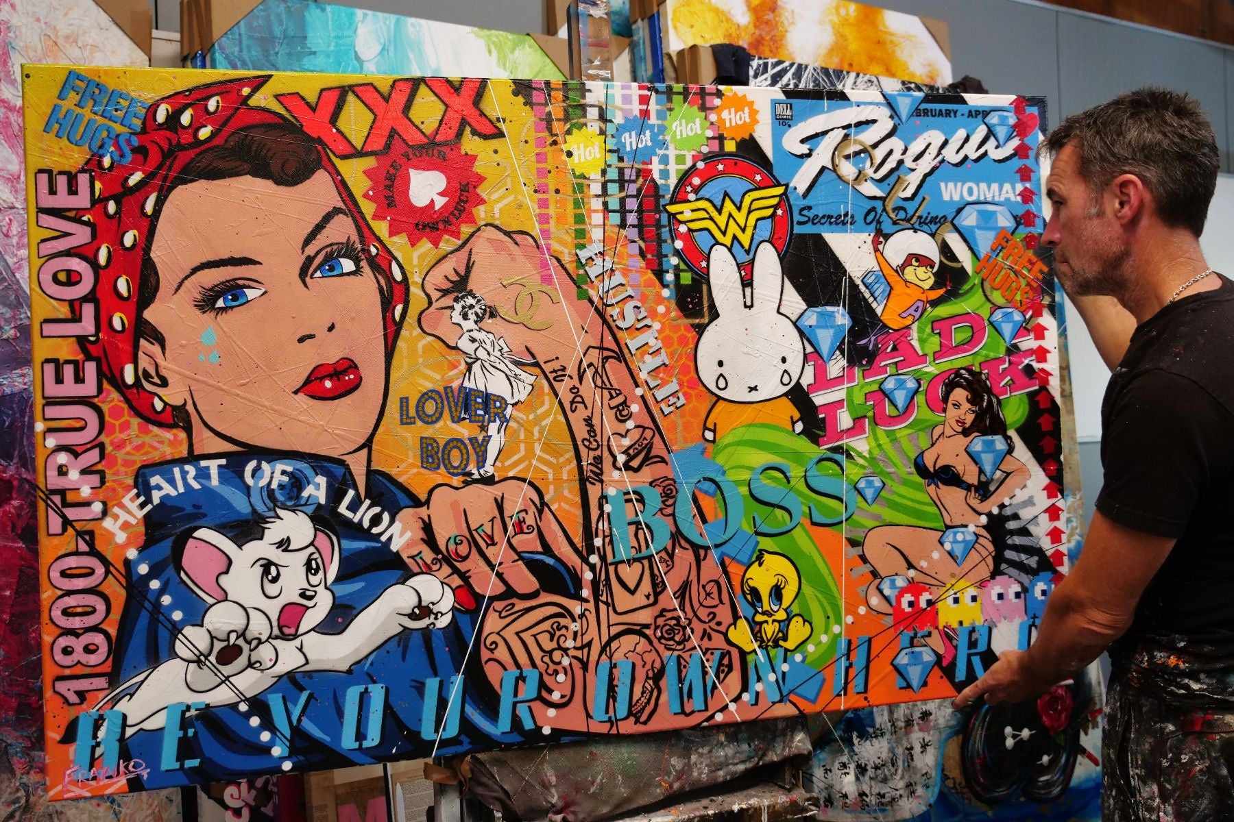 Diamond Rosie 160cm x 100cm Textured Urban Pop Art Canvas Painting - Rosie The Riveter Inspired Wall Decor for Living Room, Bedroom & Office