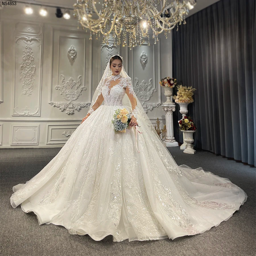 Elegant High Neck Lace Wedding Dress with Ball Gown Silhouette - Perfect for Bridal Ceremonies, Formal Events & Romantic Photos