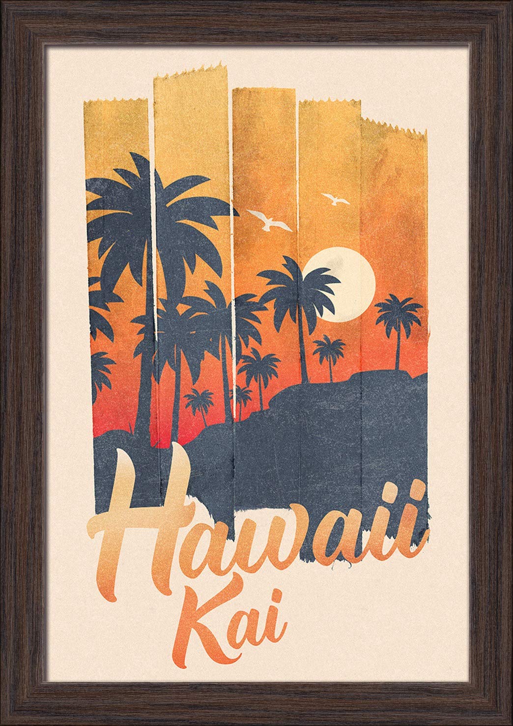Hawaiian Palm Tree Tape Art Print - 12x18 Giclee Fine Art on Recycled Wood Frame in Espresso Brown - Perfect for Beach House Decor, Tropical Wall Art & Boho Home Office