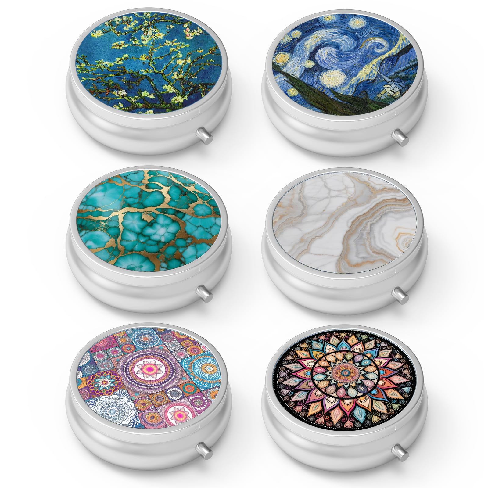 3-Compartment Portable Pill Organizer Box - Decorative Metal Medicine & Vitamin Case for Purse or Pocket - Perfect for Travel, Daily Use & Unique Gift (6 Pack)