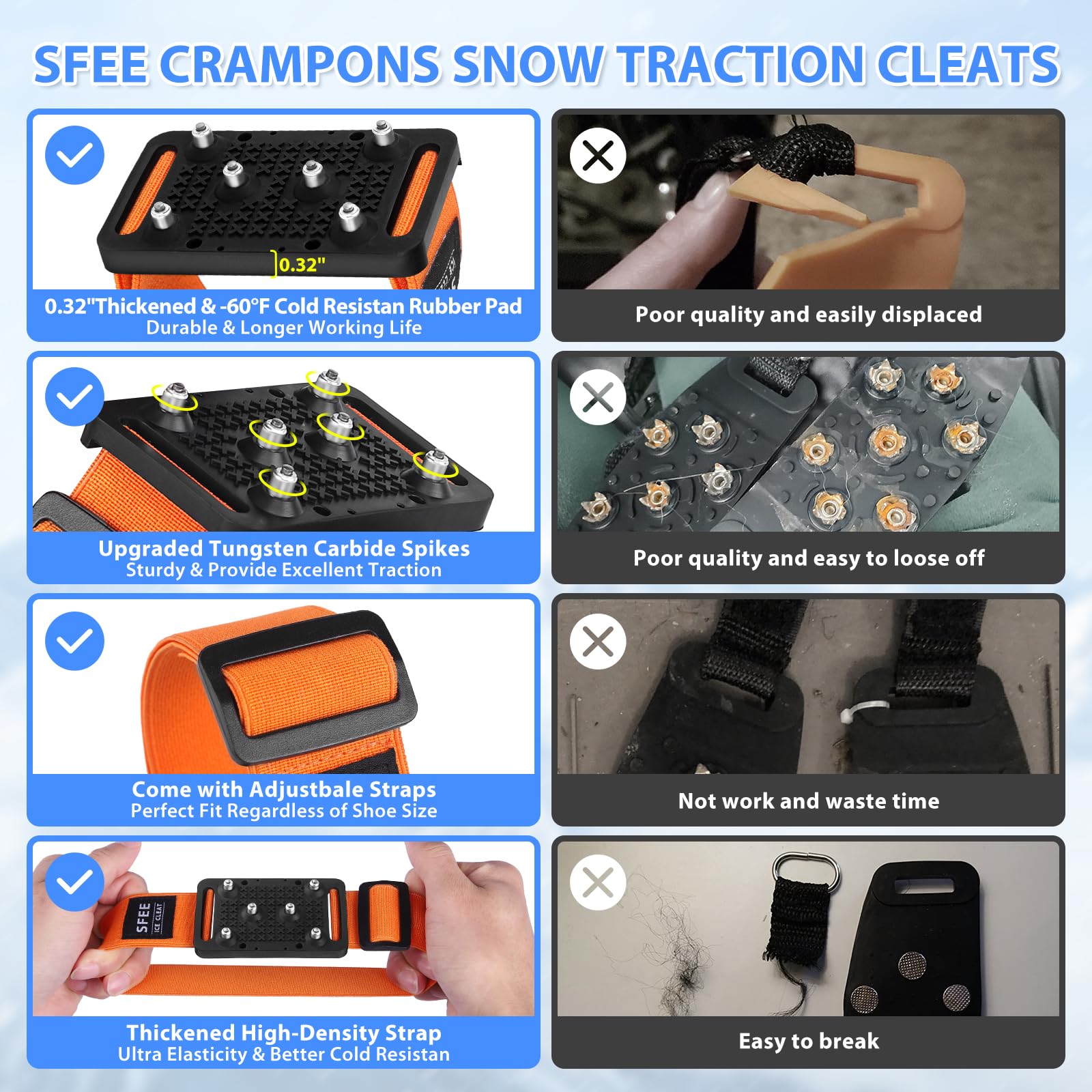 Sfee Ice Cleats Crampons with Tungsten Studs - Non-Slip Shoe Spikes for Boots & Shoes - Winter Traction for Hiking, Running & Snowy Conditions