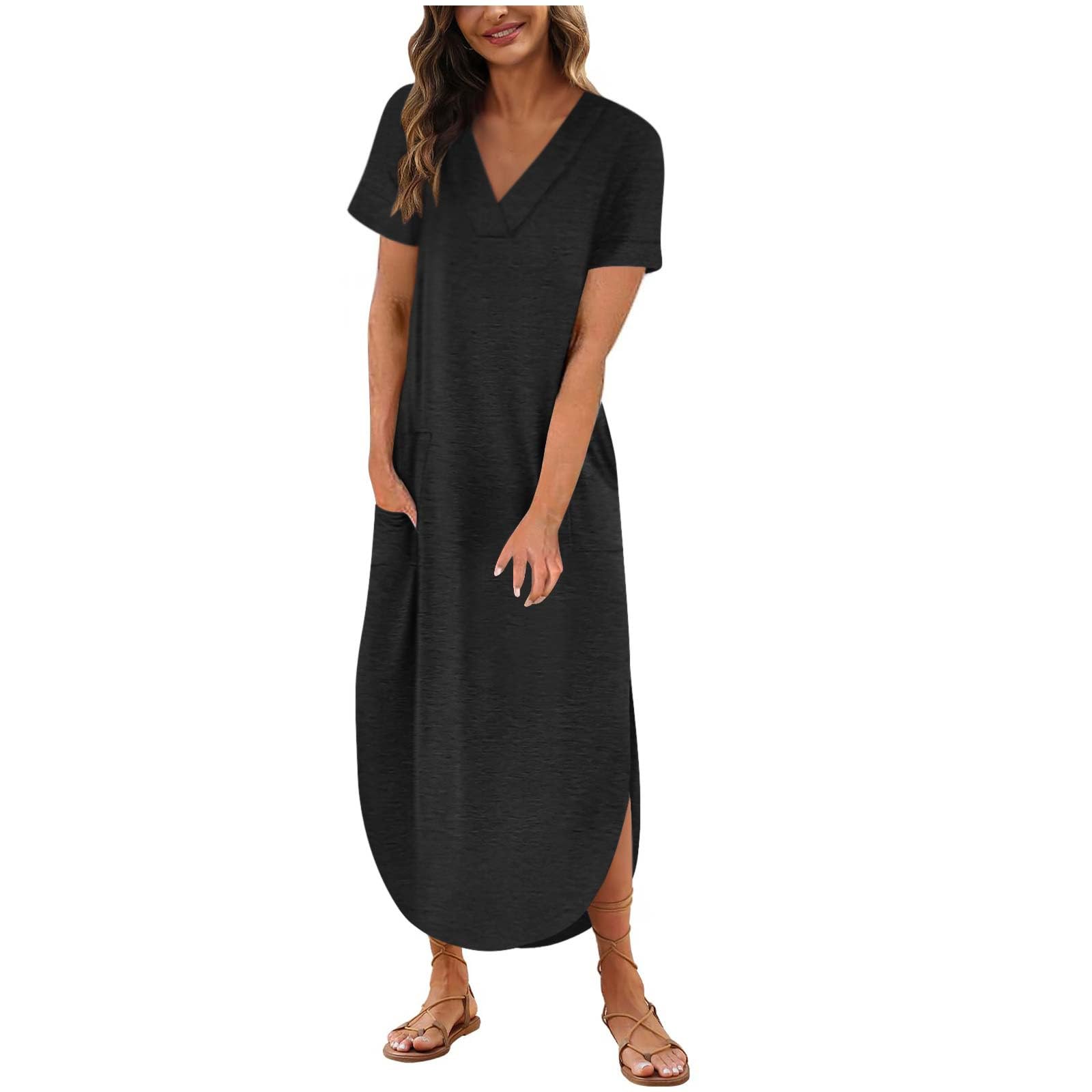 Women's Short Sleeve Maxi Dress with Pockets - 2025 Summer Casual Loose Long Split Beach Dress | Perfect for Vacation, Travel & Outdoor Activities