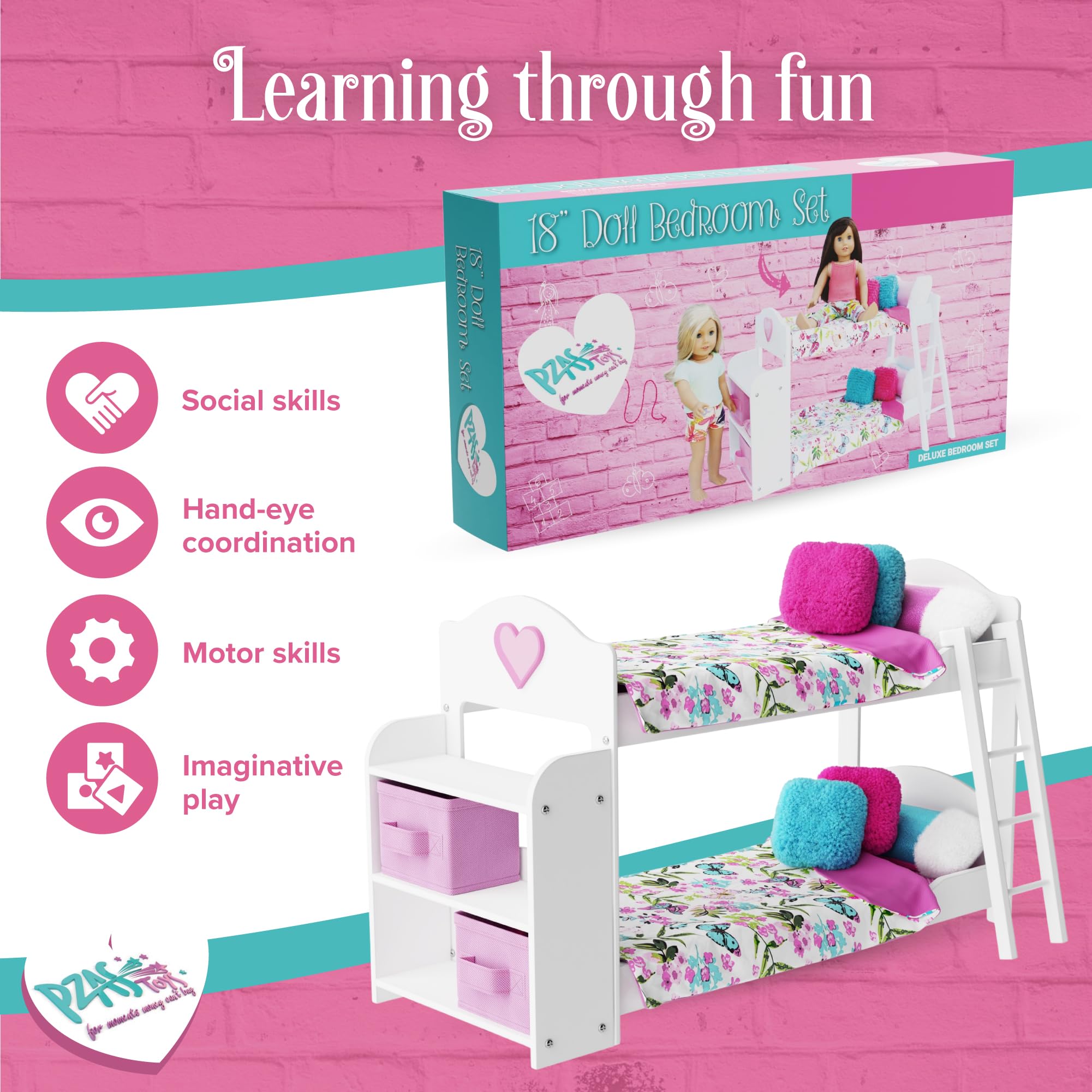 18 Inch Doll Bunk Bed Set for American Girl Dolls - 23 Piece Complete with Linens, Pajamas & Shelves | Perfect for Kids' Bedroom Decor & Imaginative Play