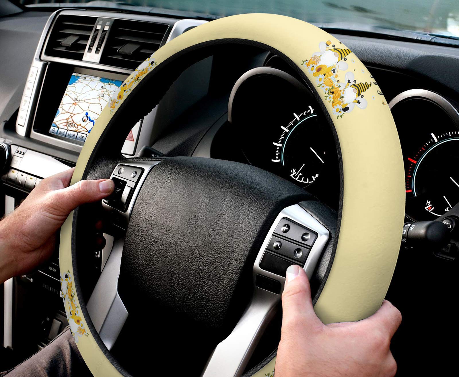 Universal 15-inch Bee Gnomes Spring Steering Wheel Cover for Women & Men - Quick Release Honey Daisy Design, Car & Truck Accessories Protector - Perfect for Daily Commute, Road Trips & Gift Giving