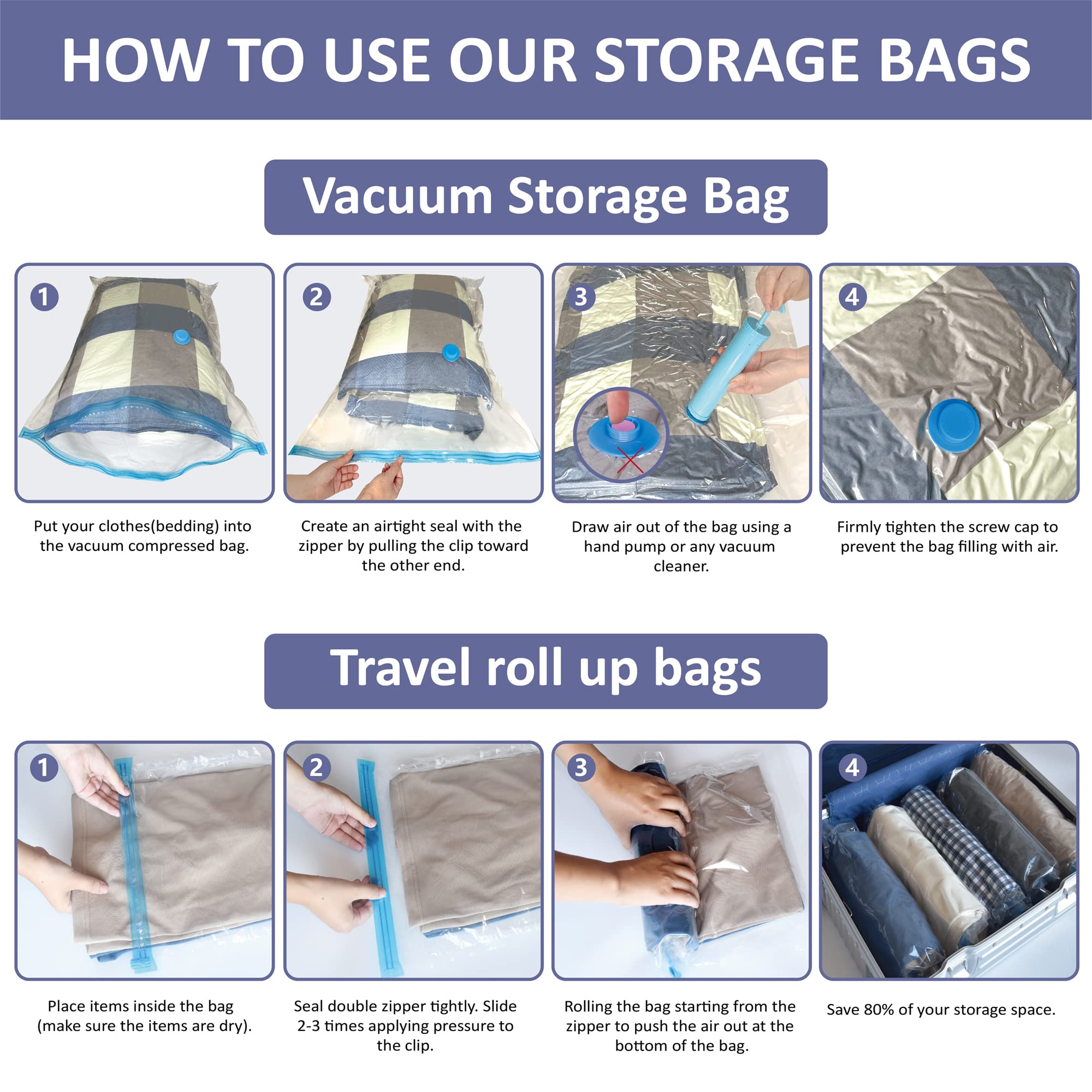 25 Pack Space Saver Vacuum Storage Bags (5 Jumbo/5 Large/5 Medium/5 Small/5 Roll) - Compression Bags for Clothes, Comforters, Blankets & Seasonal Storage | Includes Hand Pump | Perfect for Travel, Moving & Home Organization