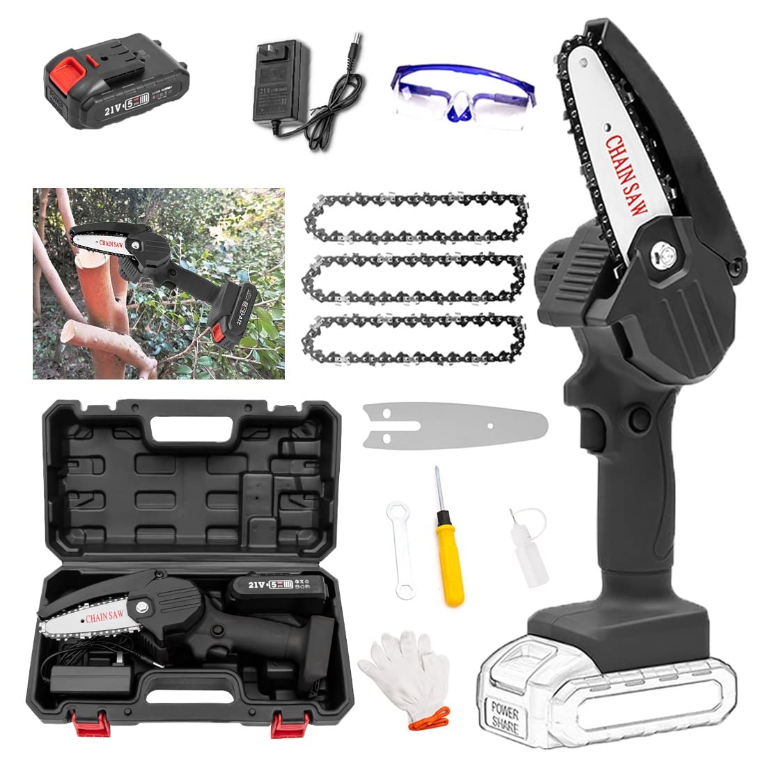 4 Inch Cordless Chainsaw with Battery & LED Light - Mini Electric Chainsaw with Charger, Portable Power Tool for Gardening, Wood Cutting, Tree Pruning & Outdoor Camping